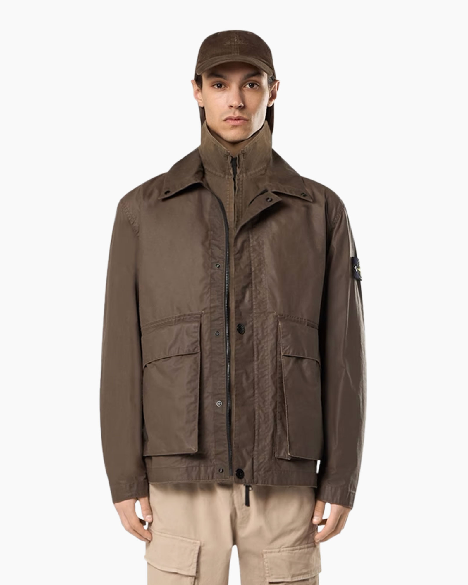 jacket, windbreaker, brown, pocketed, cap