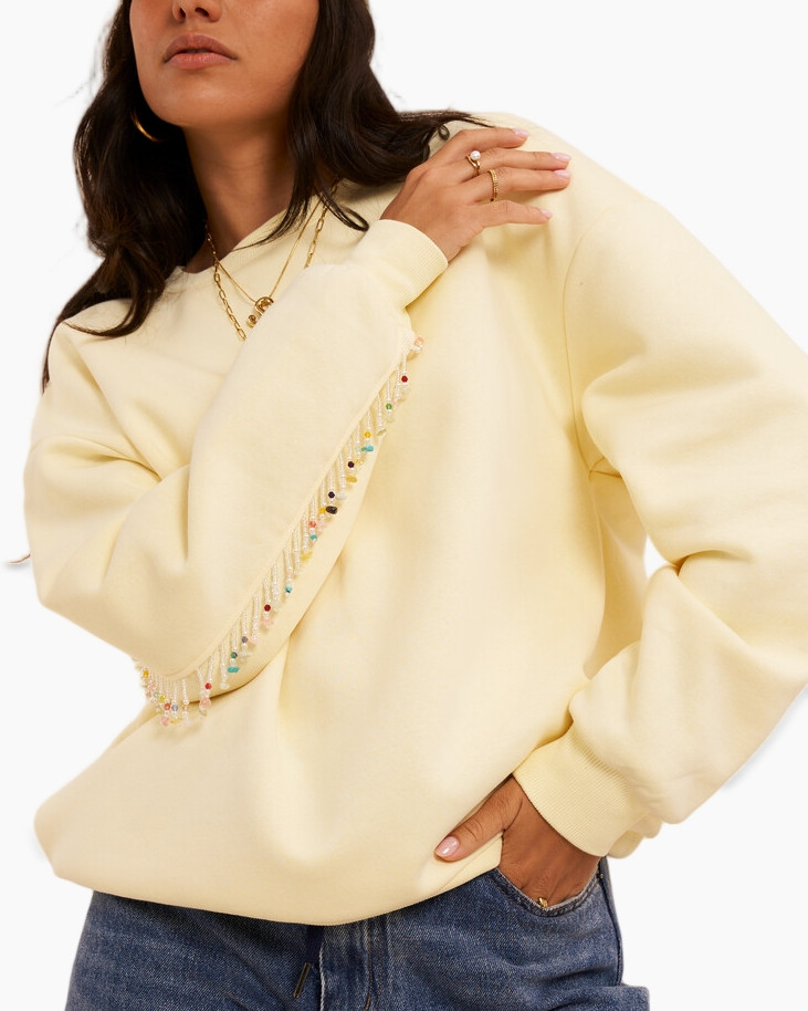 sweatshirt, cream, embellished, beaded trim, long-sleeve