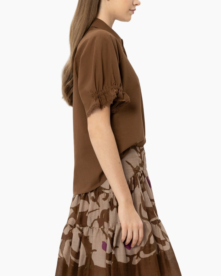 brown top, short sleeve, ruffle sleeve, collared blouse, solid color