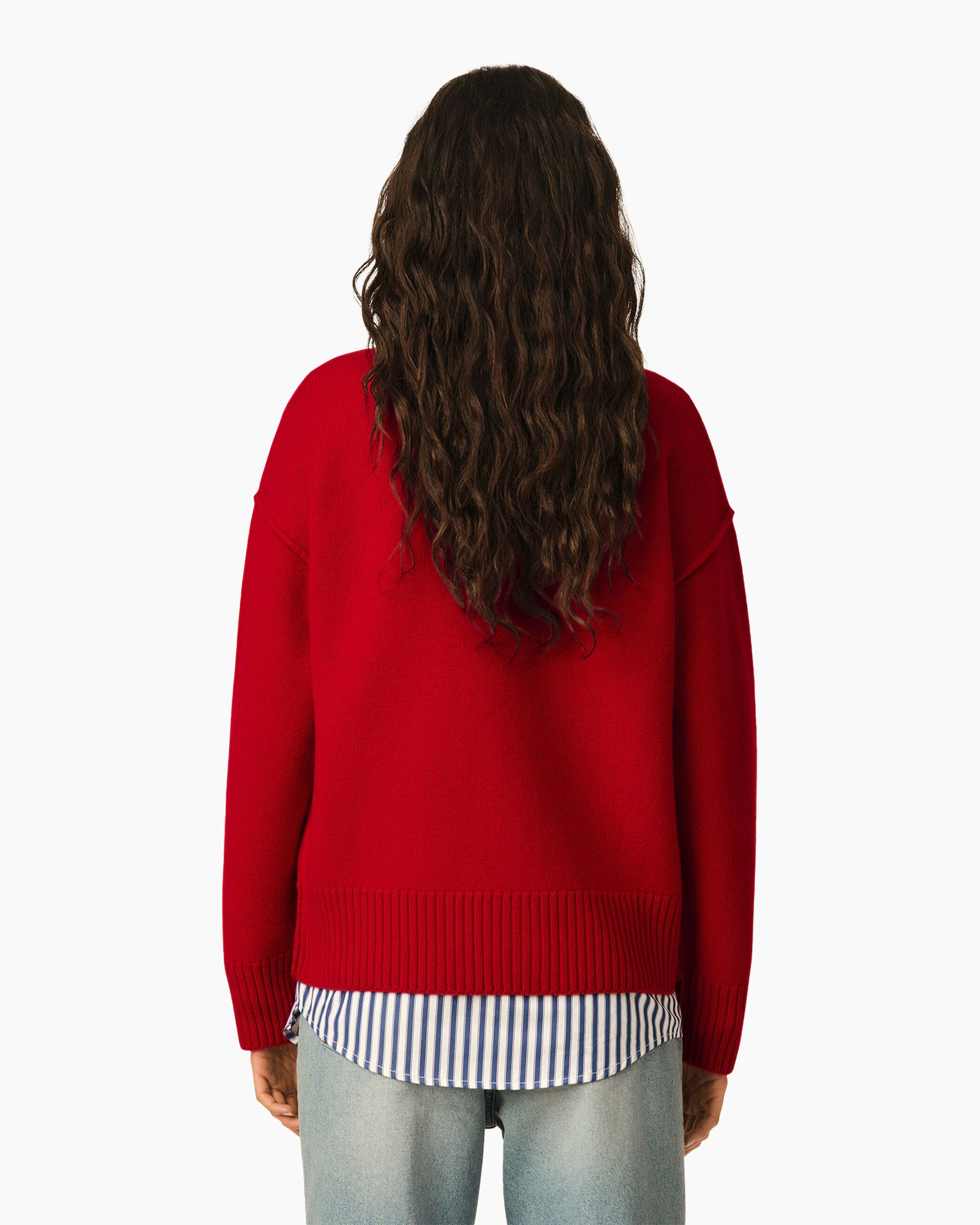 red sweater, knit sweater, long sleeves, ribbed hem, layered look