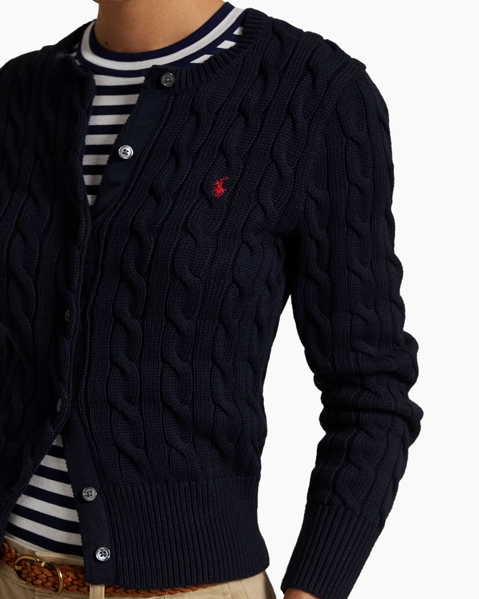 navy cardigan, cable knit, red logo, buttoned cardigan, ribbed hem
