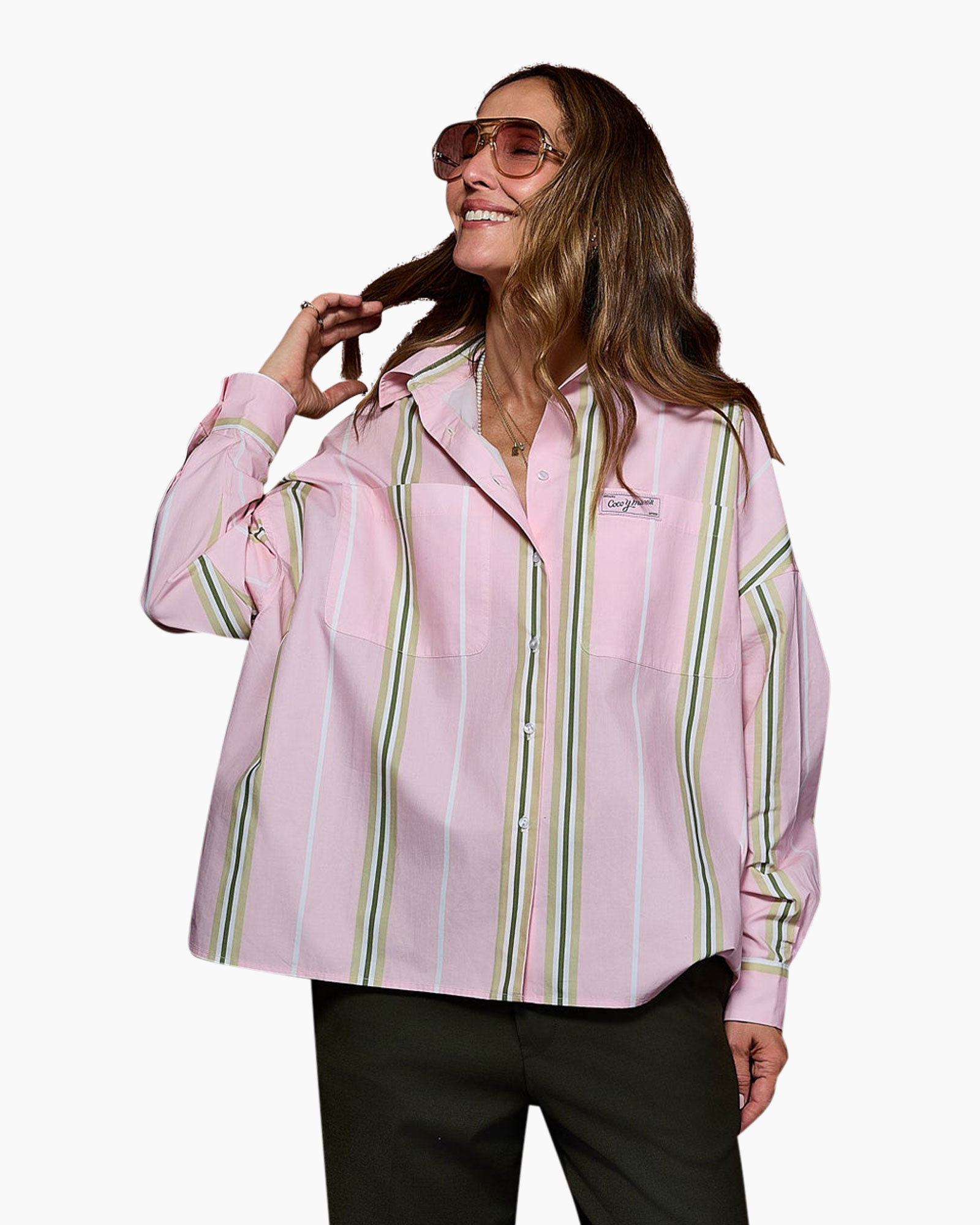 shirt, pink striped, button-down, long sleeve, oversized