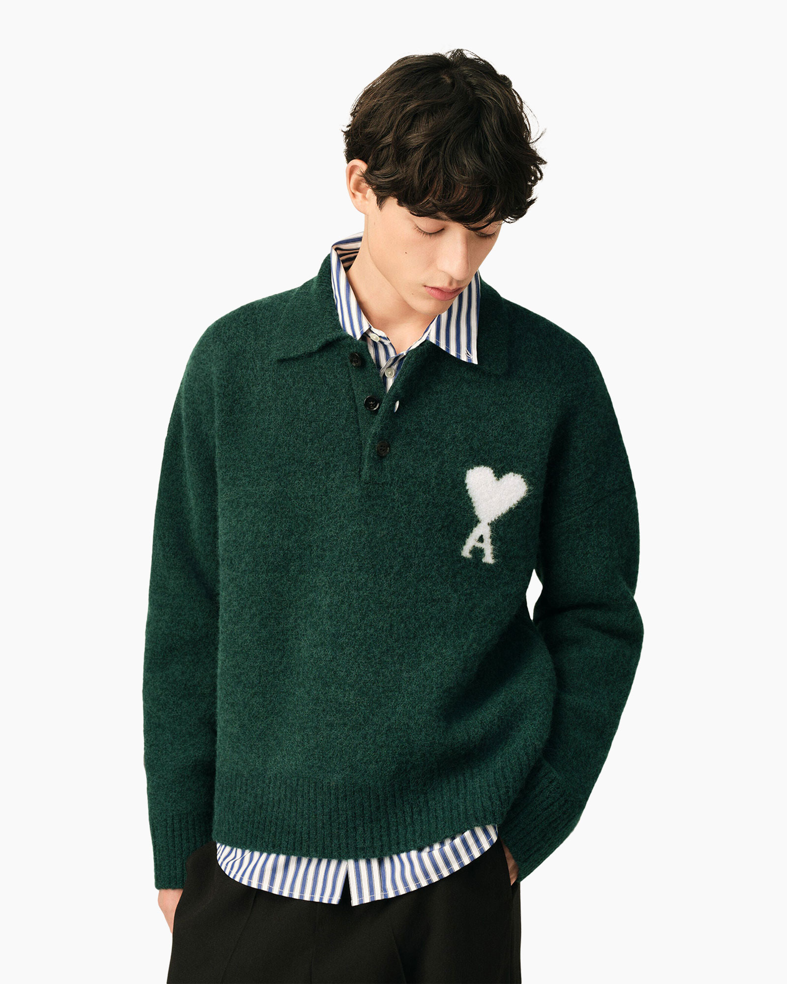 sweater, green, knit, heart emblem, layered shirt
