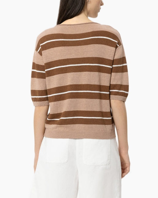striped top, brown stripes, short sleeve, round neck, knit top