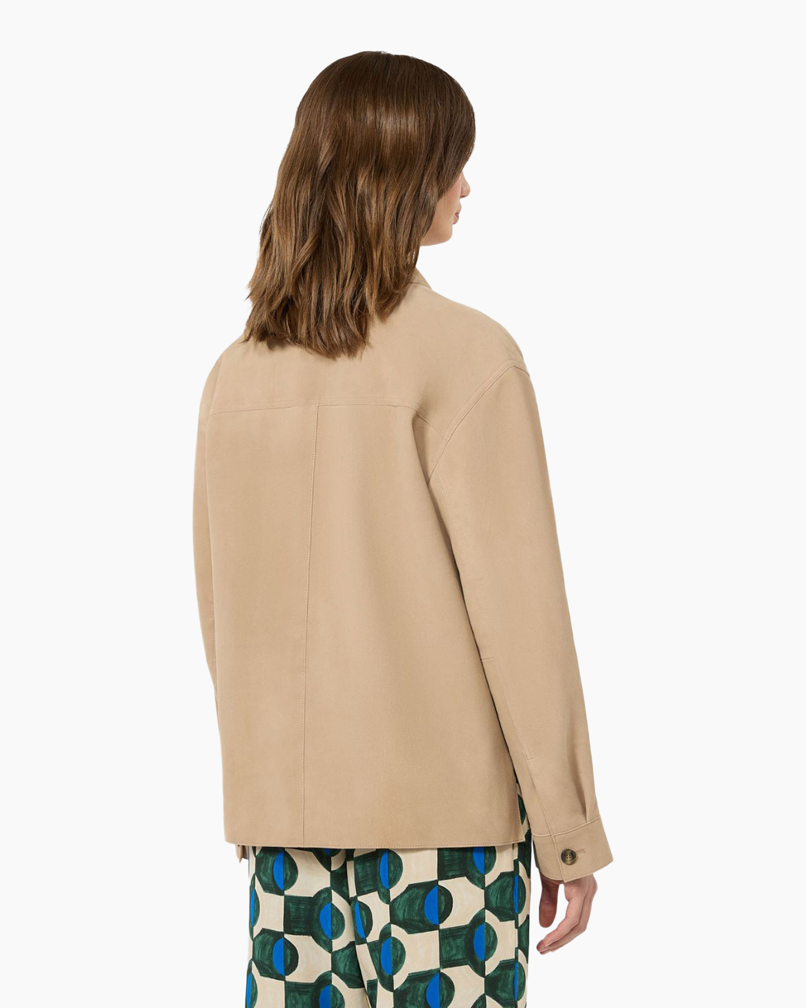 beige jacket, button-front, patch pockets, collared, oversized fit