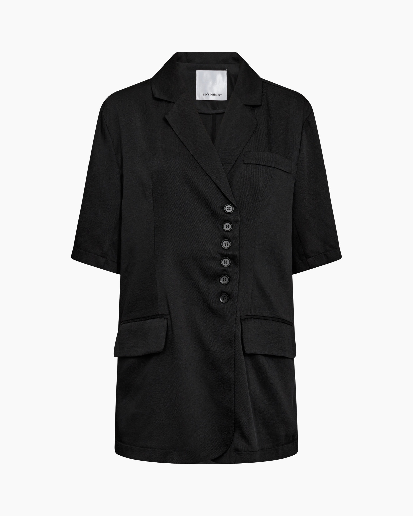 blazer, black, short-sleeve, button-front, pocket