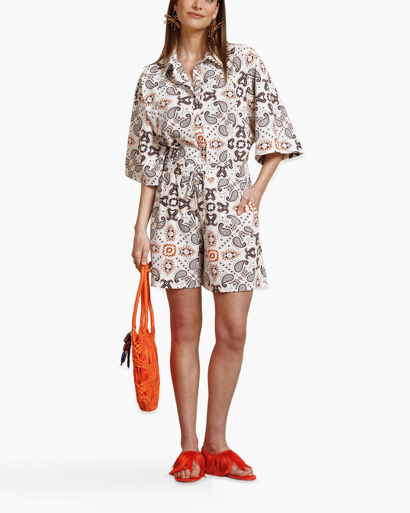 paisley, shorts, jumpsuit, orange, bag