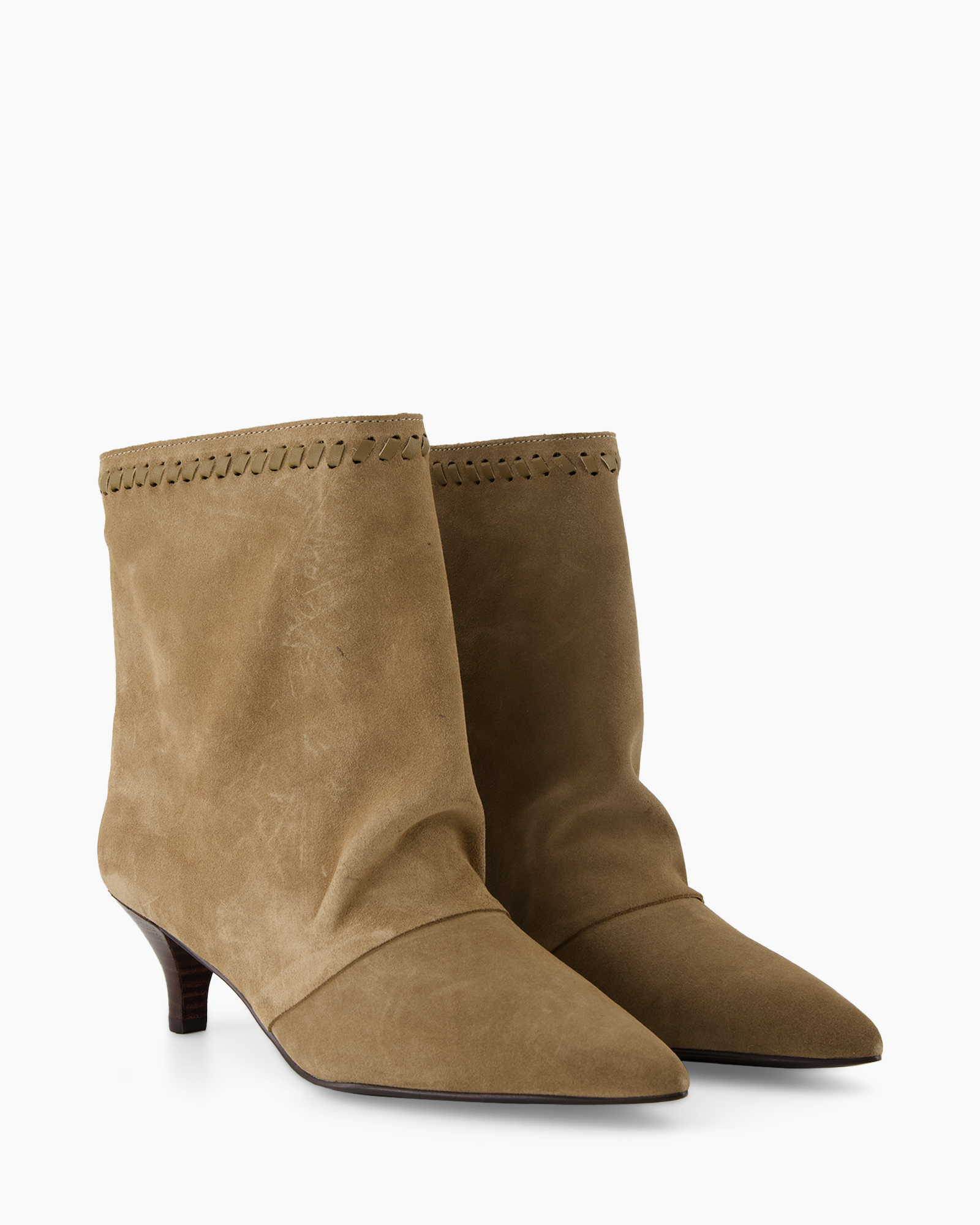 ankle boot,  suede,  tan,  mid heel,  stitching detail