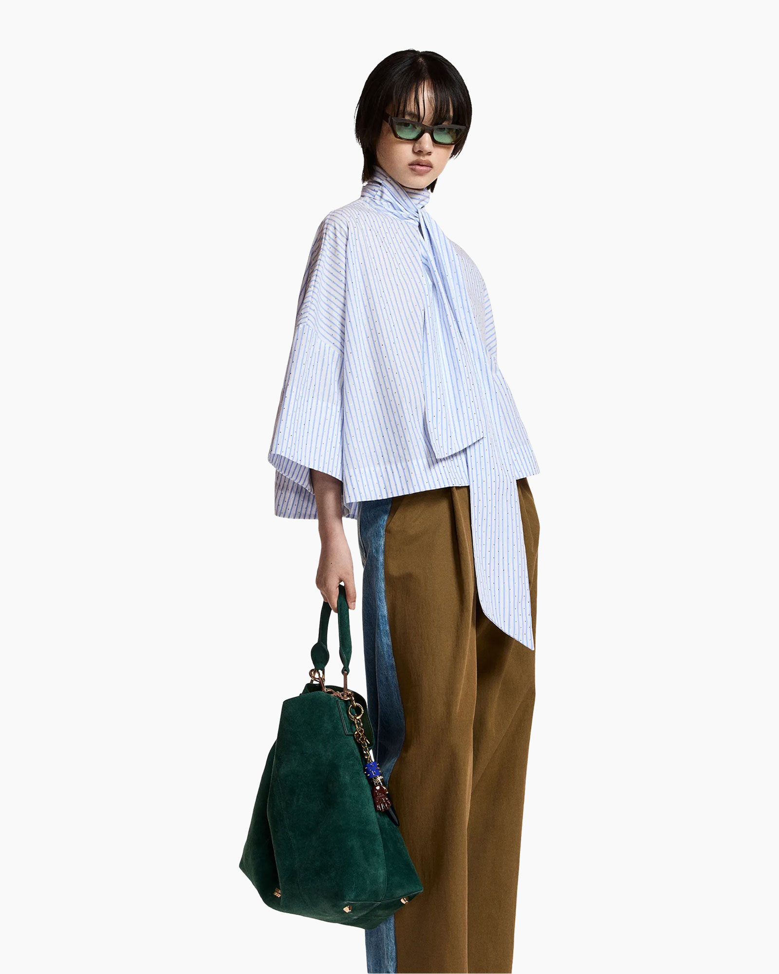 striped shirt, oversized top, scarf tie detail, wide leg pants, green handbag
