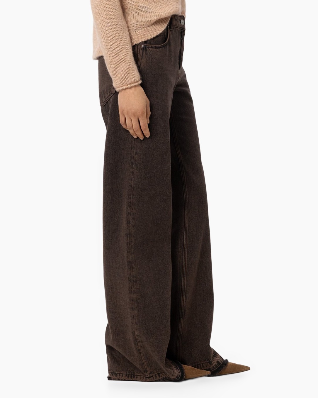 pants, wide-leg, brown, denim, belted