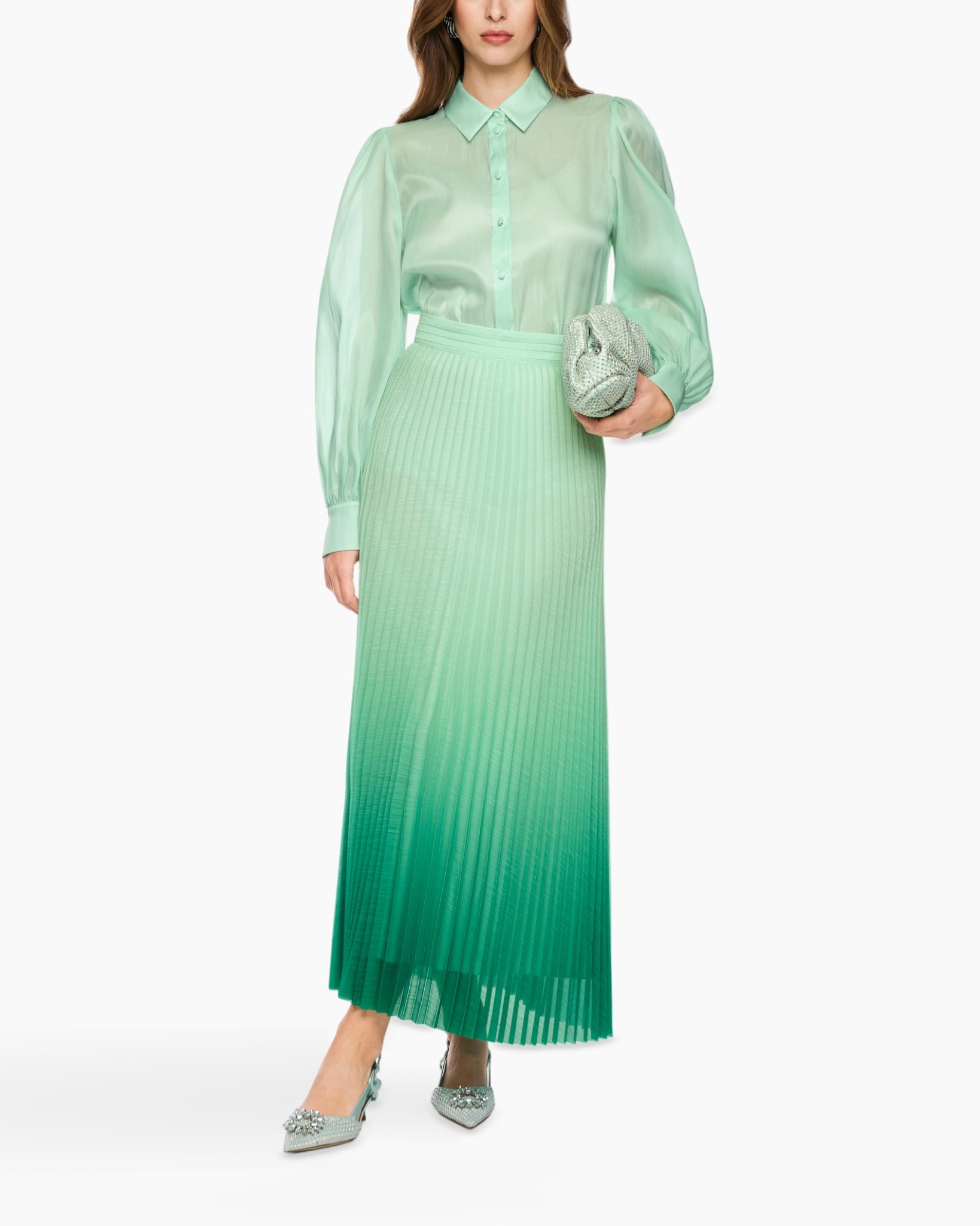 dress, blouse, gradient, pleated, green