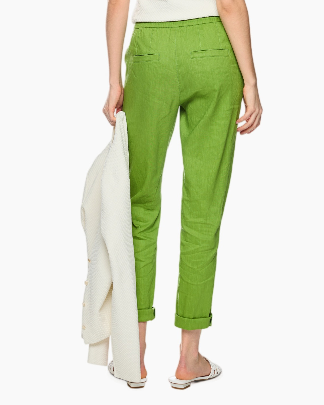 pants, green, linen, rolled cuffs, slip-on sandals, pants, green, linen, cropped, roll-up