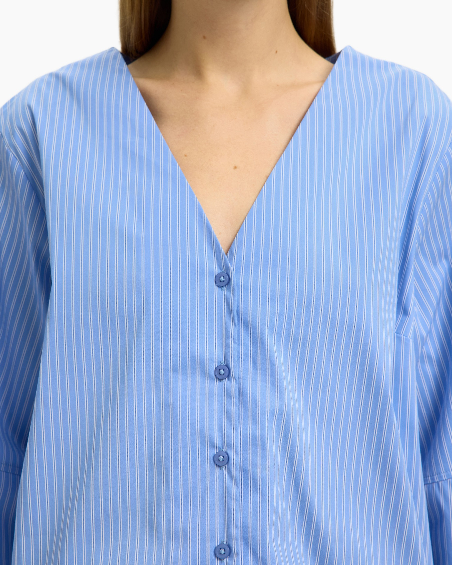 blue shirt, striped pattern, button-down, v-neck, cotton blend