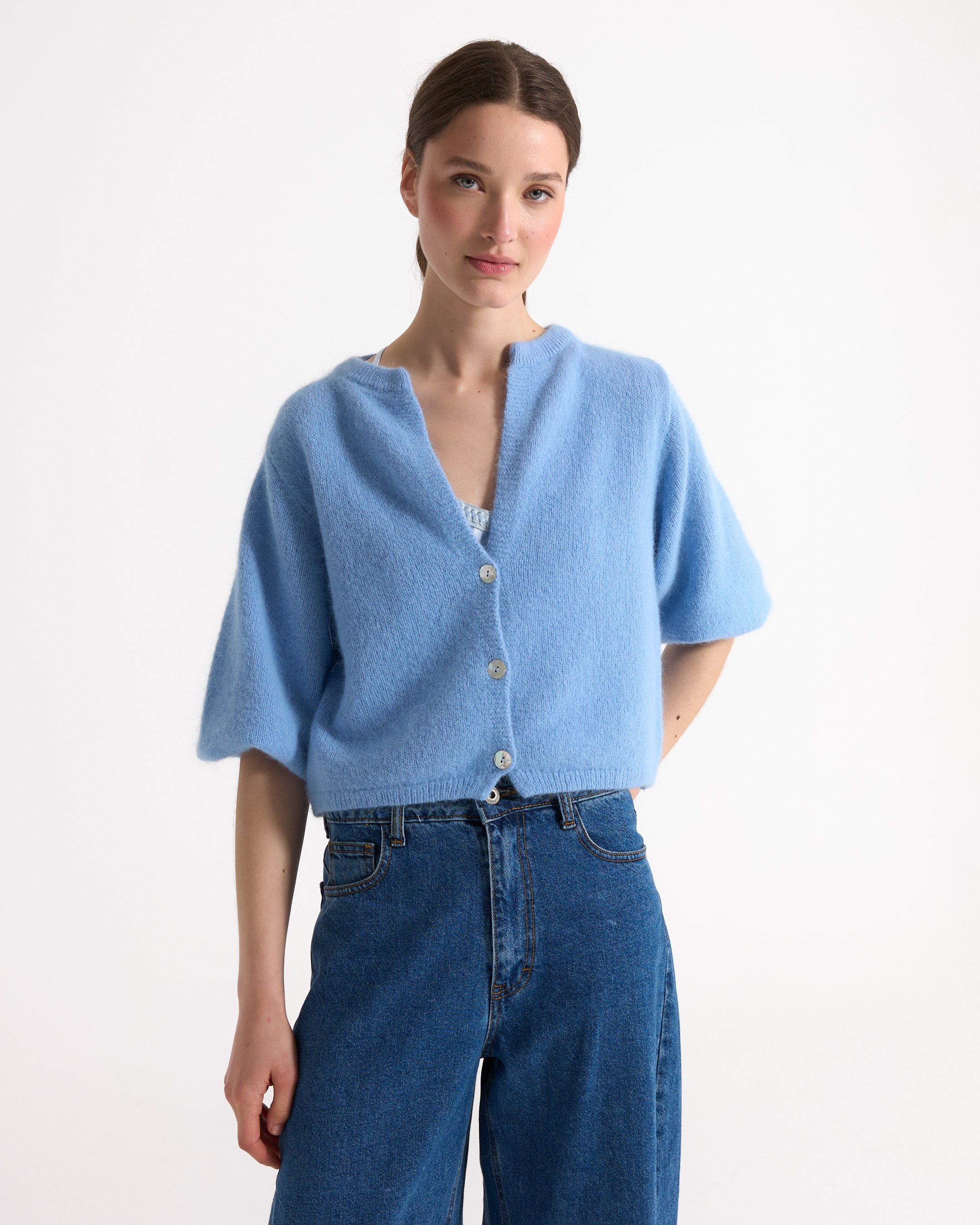 cardigan, blue, short-sleeve, button-up, knitwear, cardigan, blue, short-sleeve, buttoned, knit