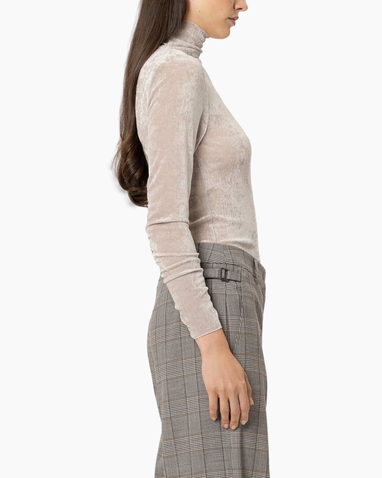 velvet top, turtleneck, beige, longsleeve, plaid pants