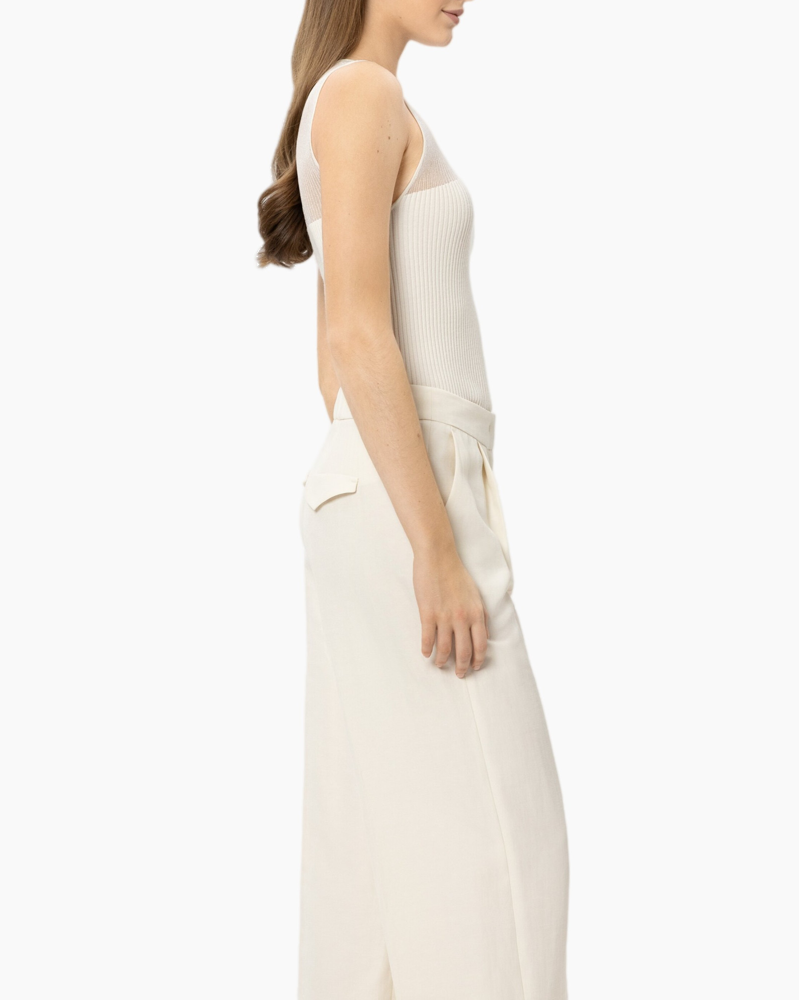 tank top, ribbed knit, sleeveless, beige, high-waist pants