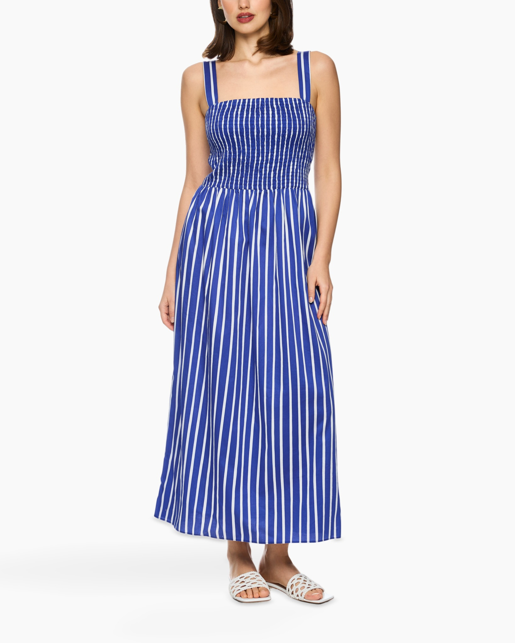 maxi dress, blue striped, smocked bodice, spaghetti straps, ankle length