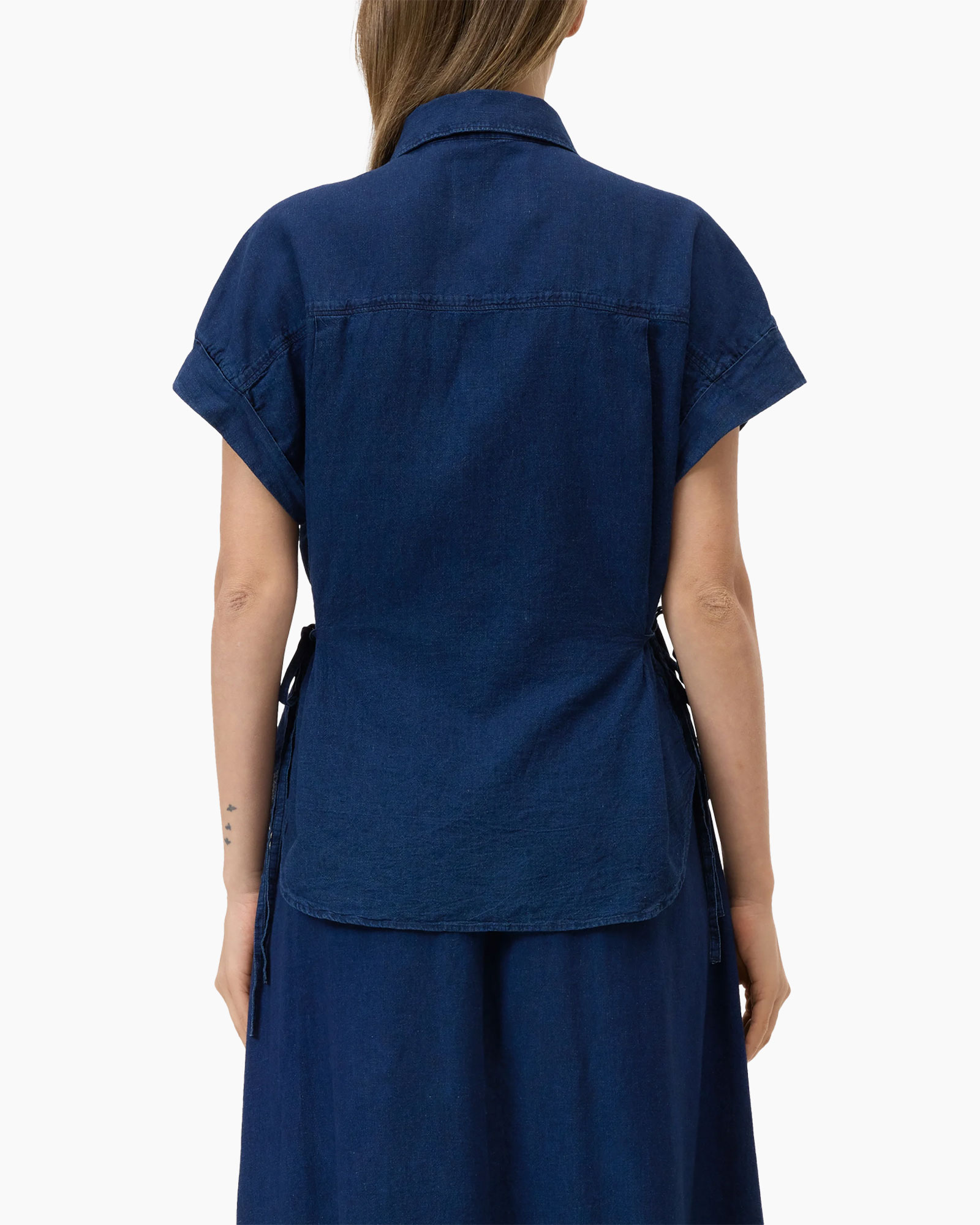 denim, button-up, short sleeves, collared, top
