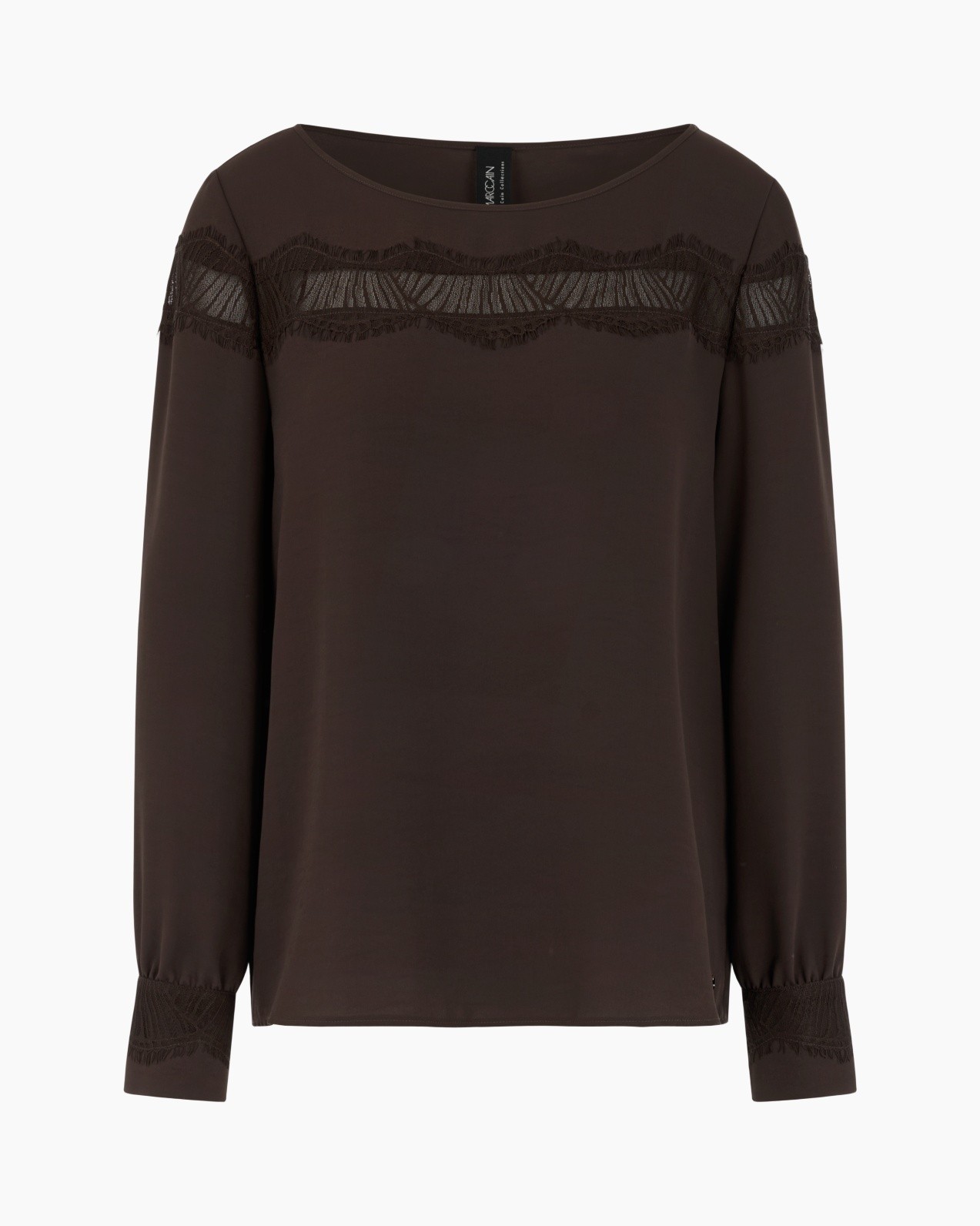 brown top, lace detail, long sleeve, round neck, women's blouse