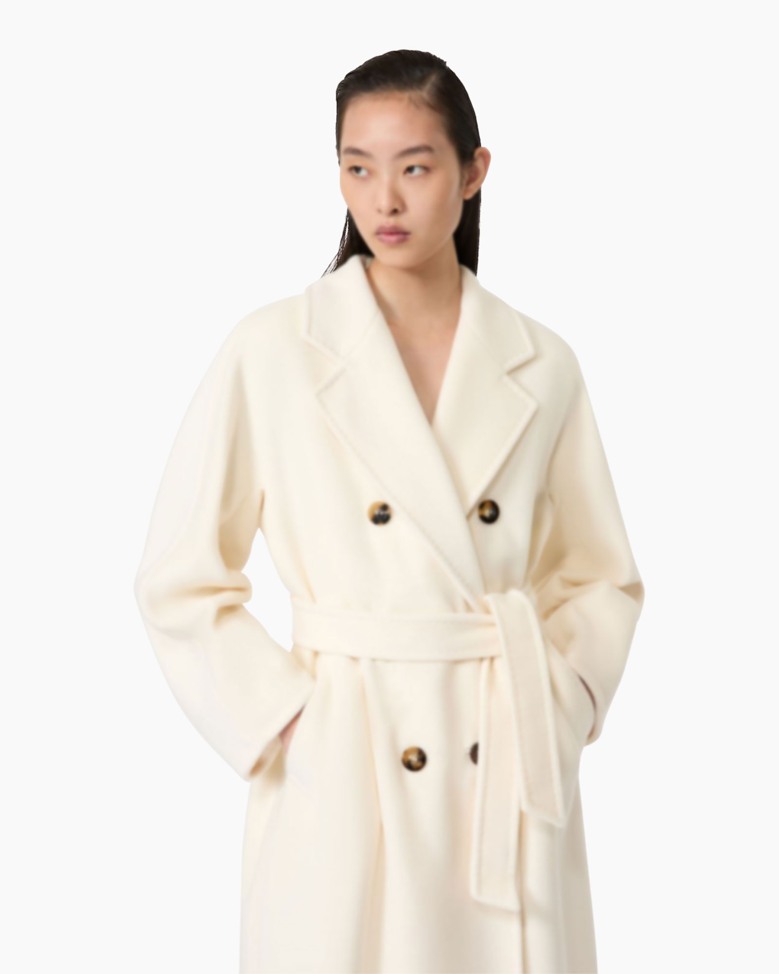 coat, double breasted, belted, cream, long
