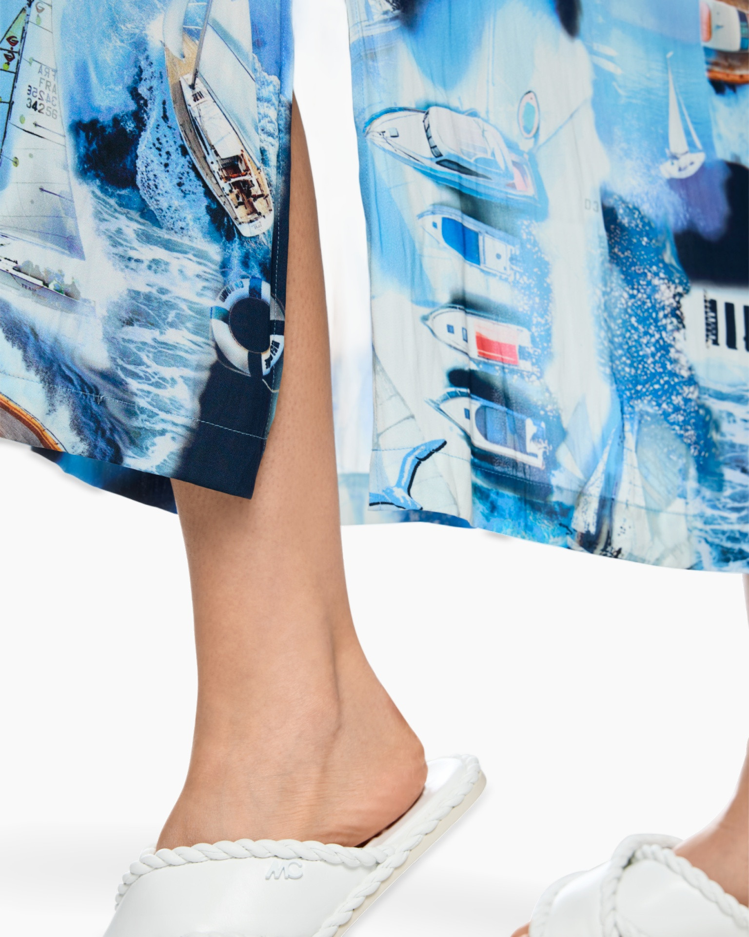 blue, boat, print, slip-on, sandals