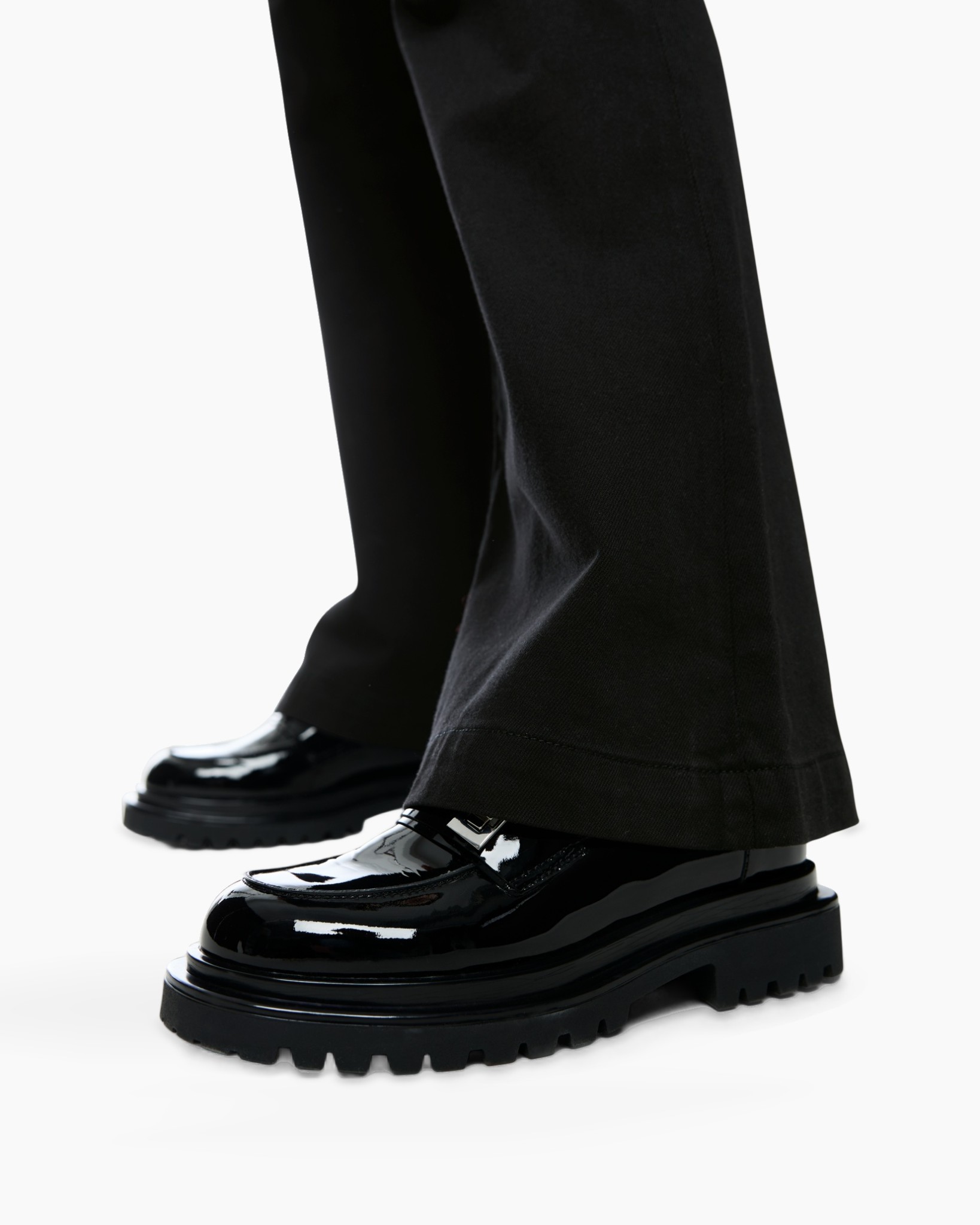 black, loafers, shiny, slip-on, platform soles