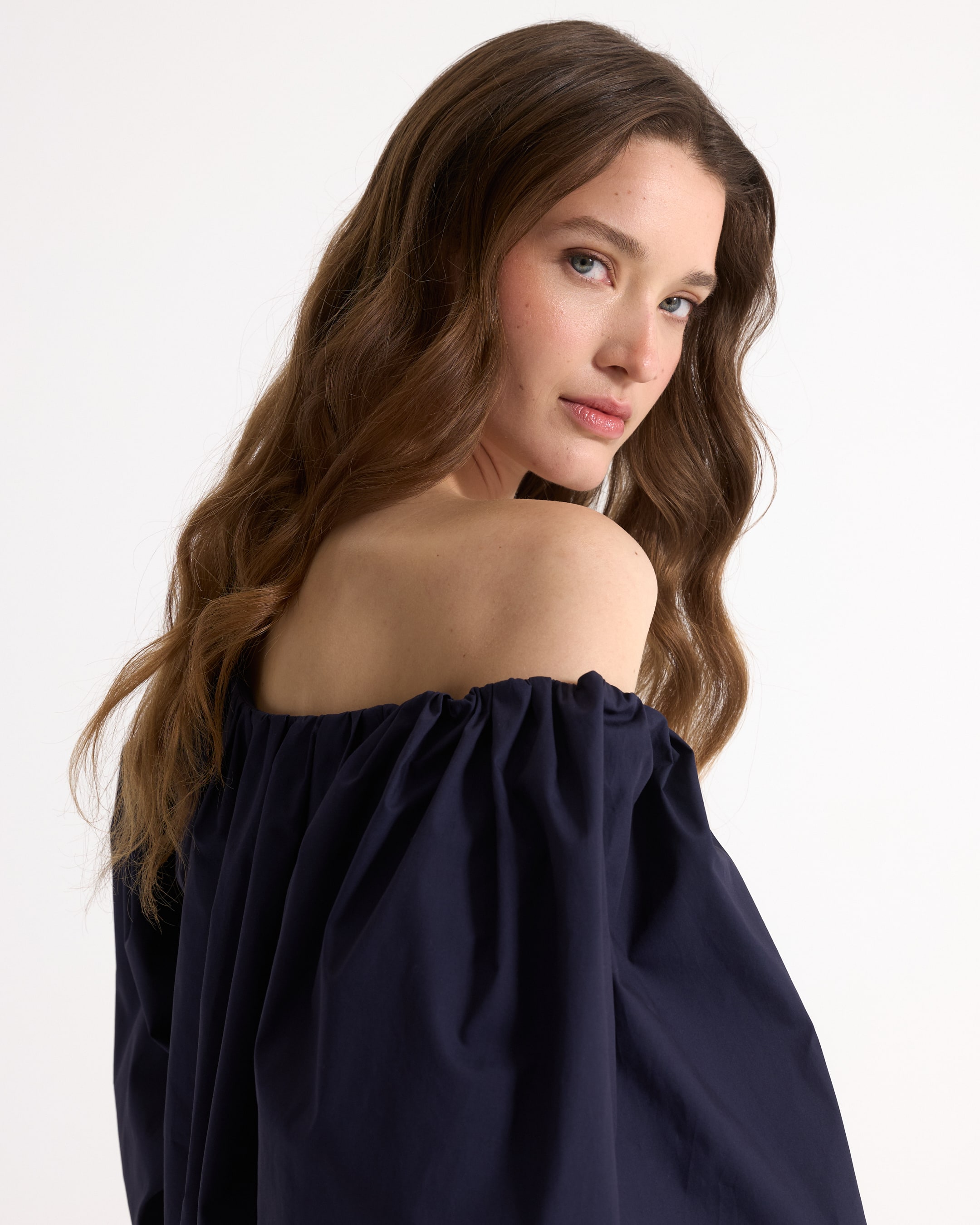 off-shoulder, navy, blouse, ruffled, top