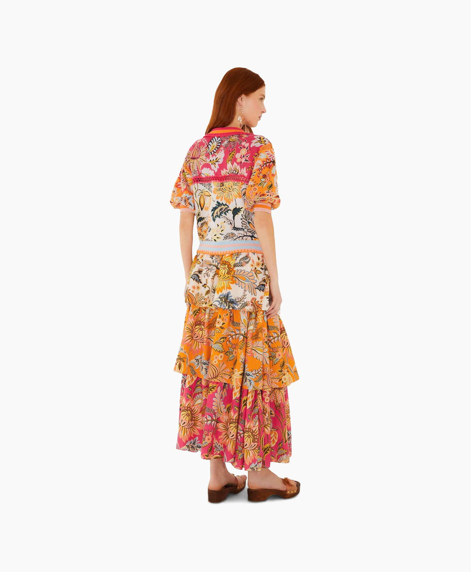 maxi dress, floral print, tiered skirt, short sleeves, colorful