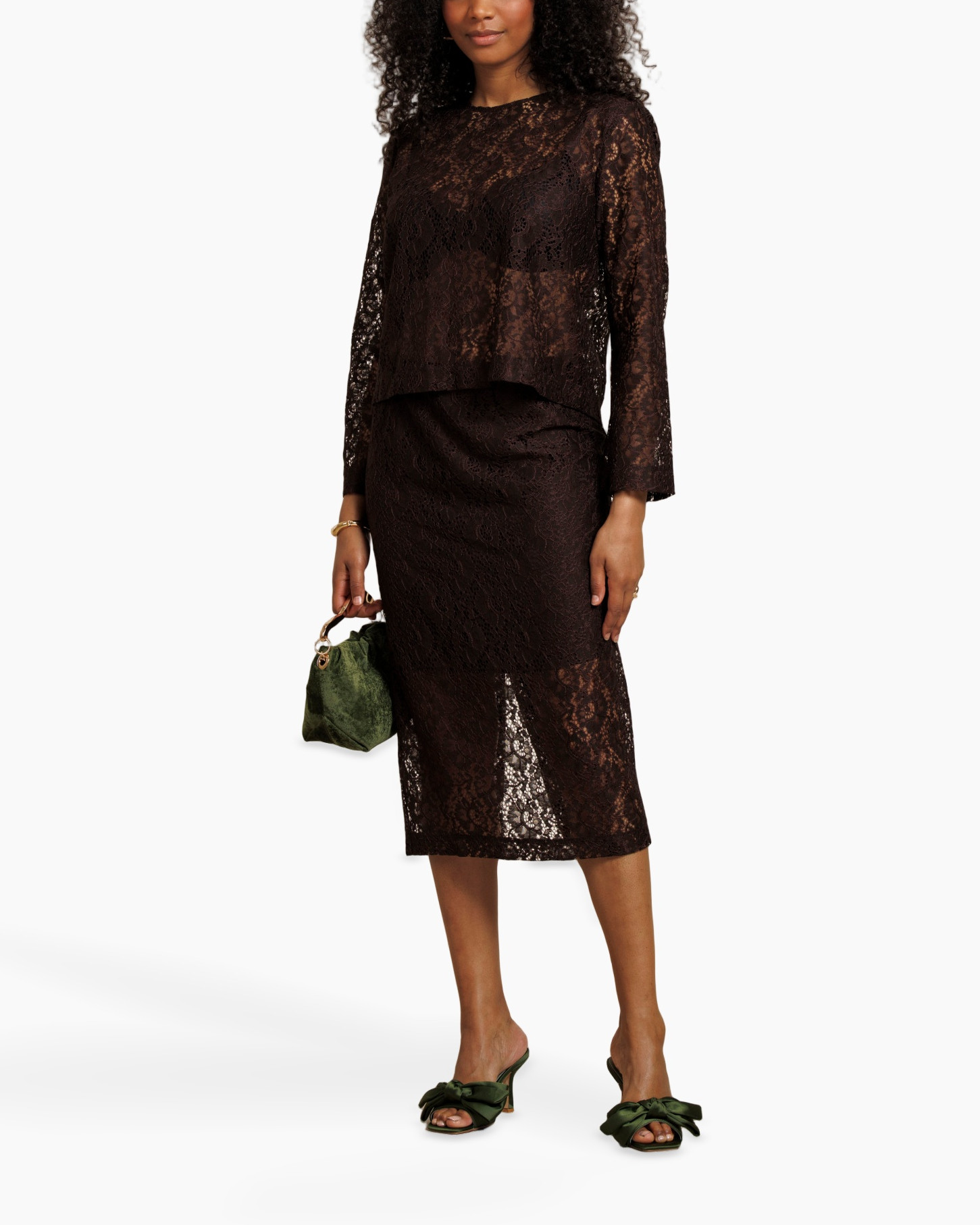 lace dress, mid length, black, slit, green sandals