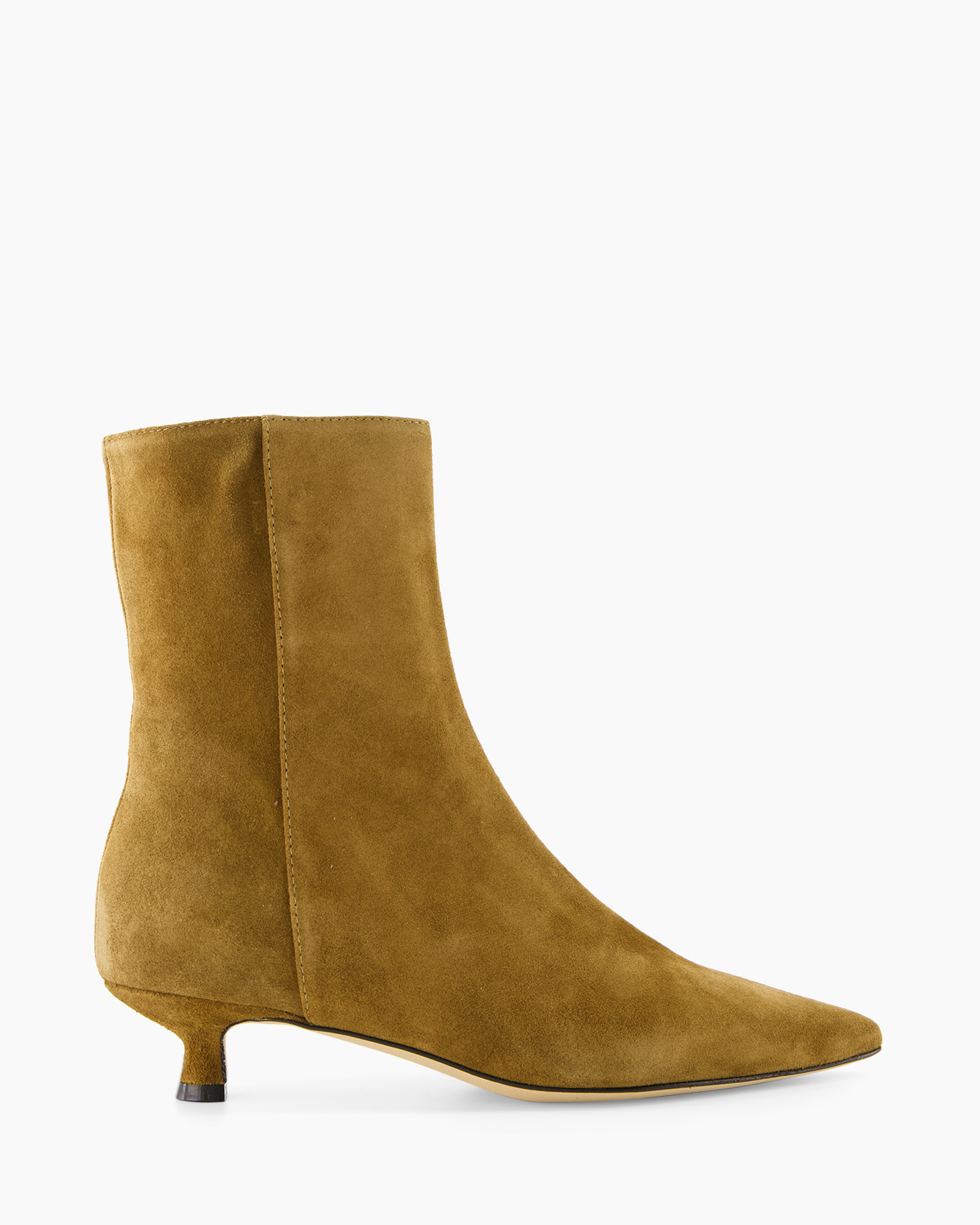 ankle boot, suede, knee-high? no, mid heel, tan brown