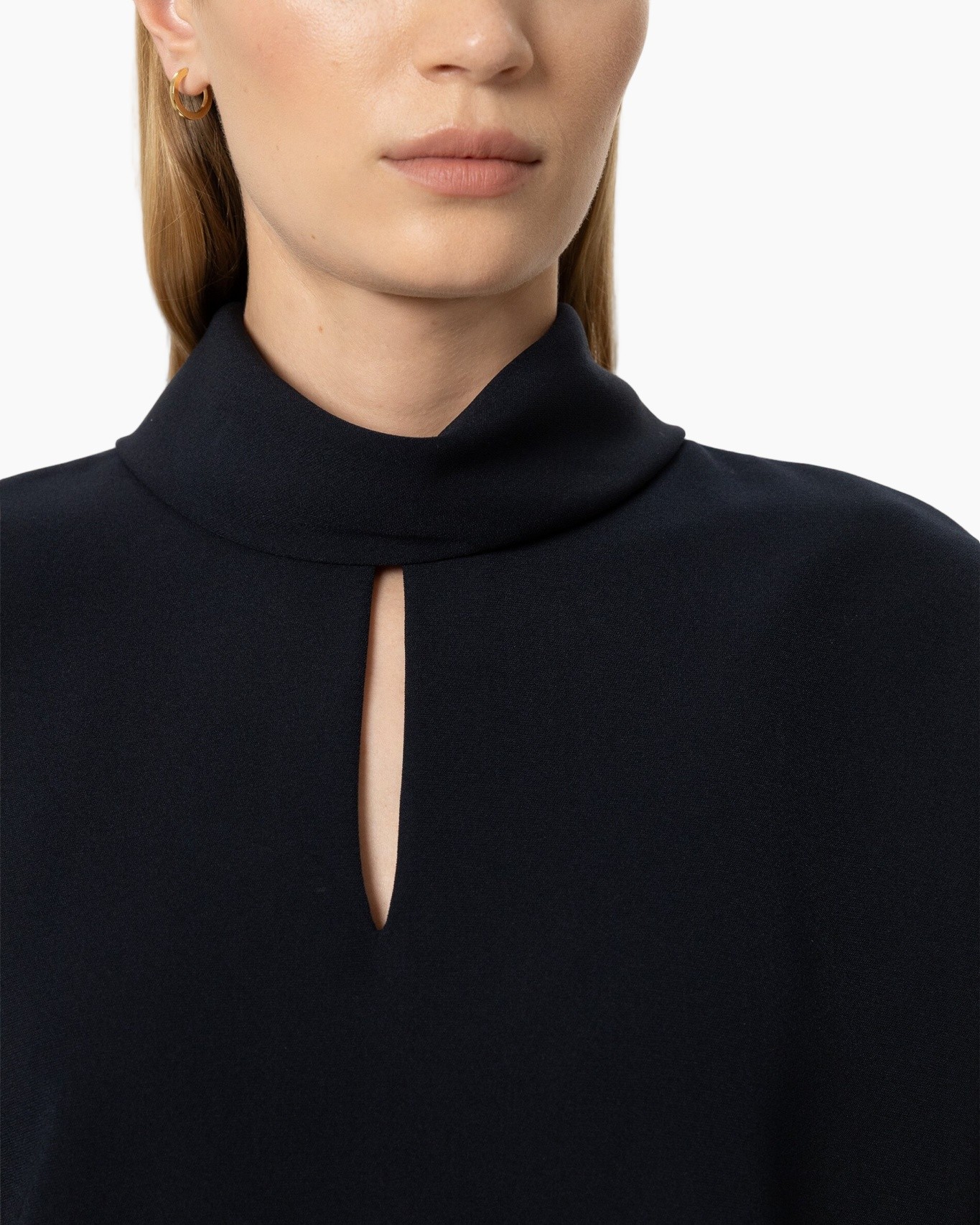 black top, high neckline, keyhole, long-sleeve, knit fabric