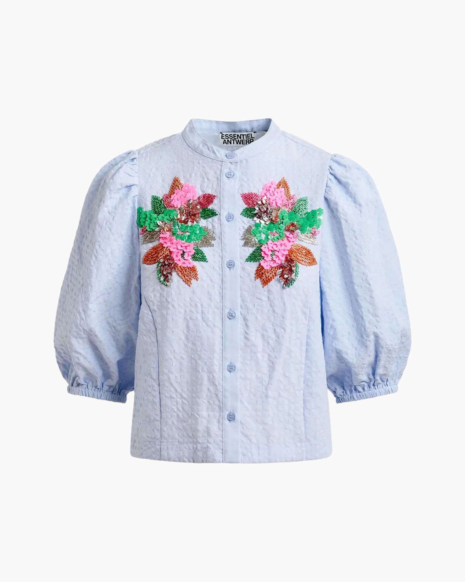 blouse, embroidered, floral, puff sleeves, light blue