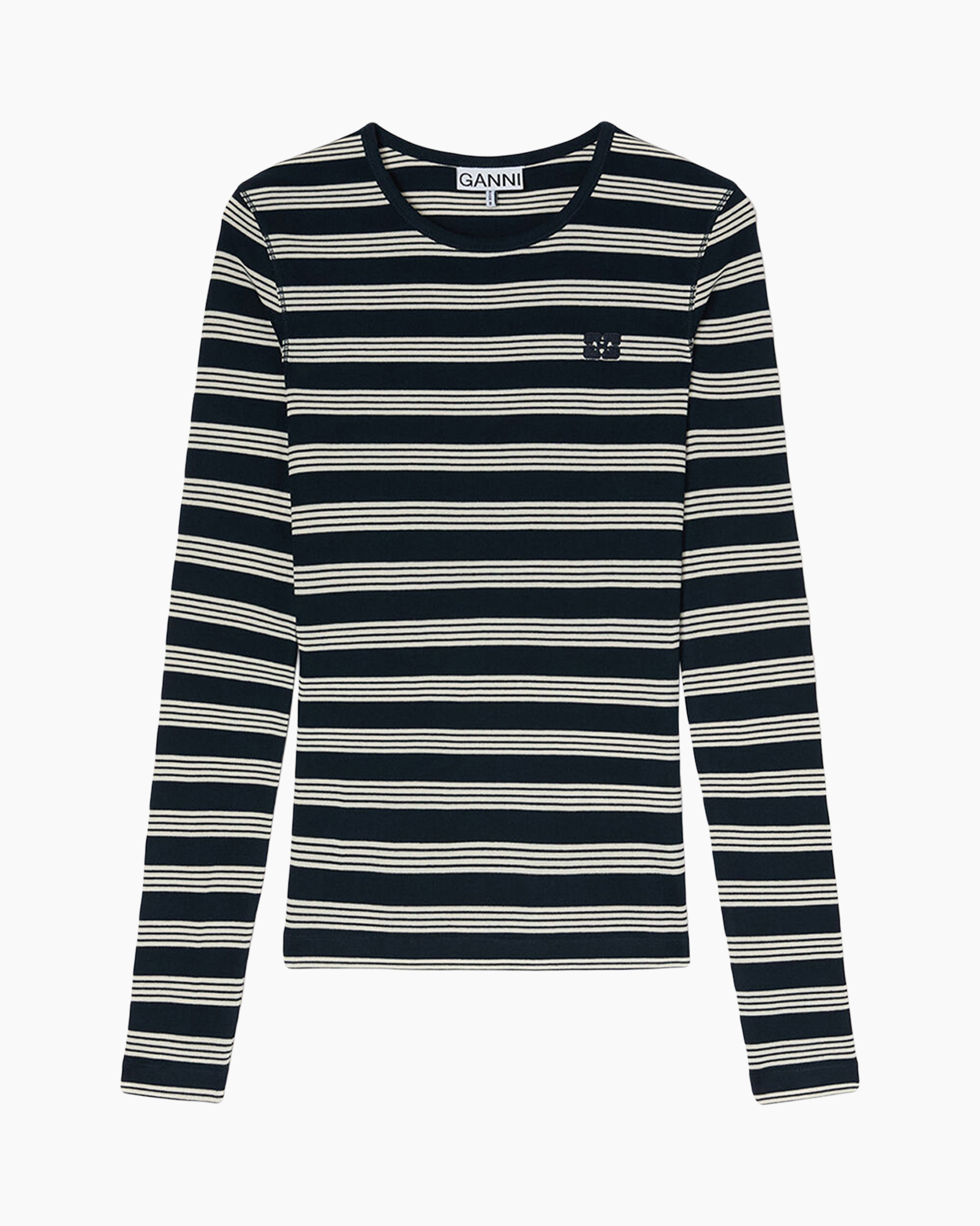striped, long-sleeve, crew-neck, navy, top