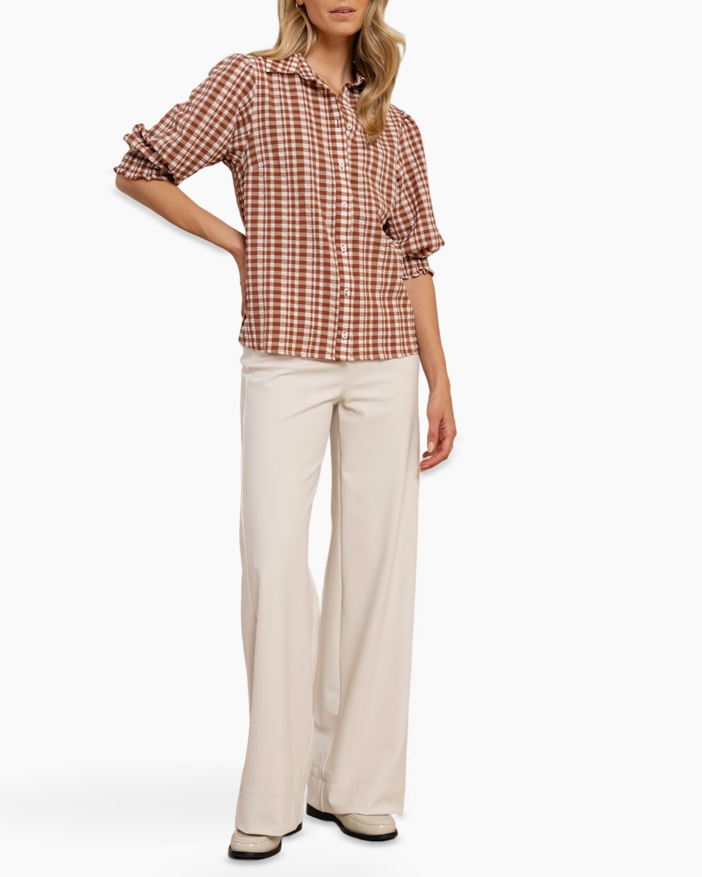 blouse, checkered, long-sleeve, collared, linen-look?, plaid