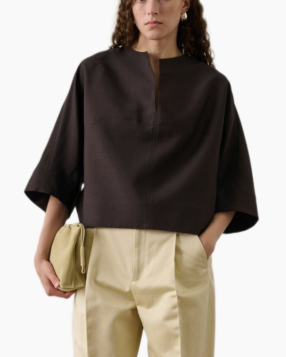 top, blouse, loose fit, dark brown, short sleeves