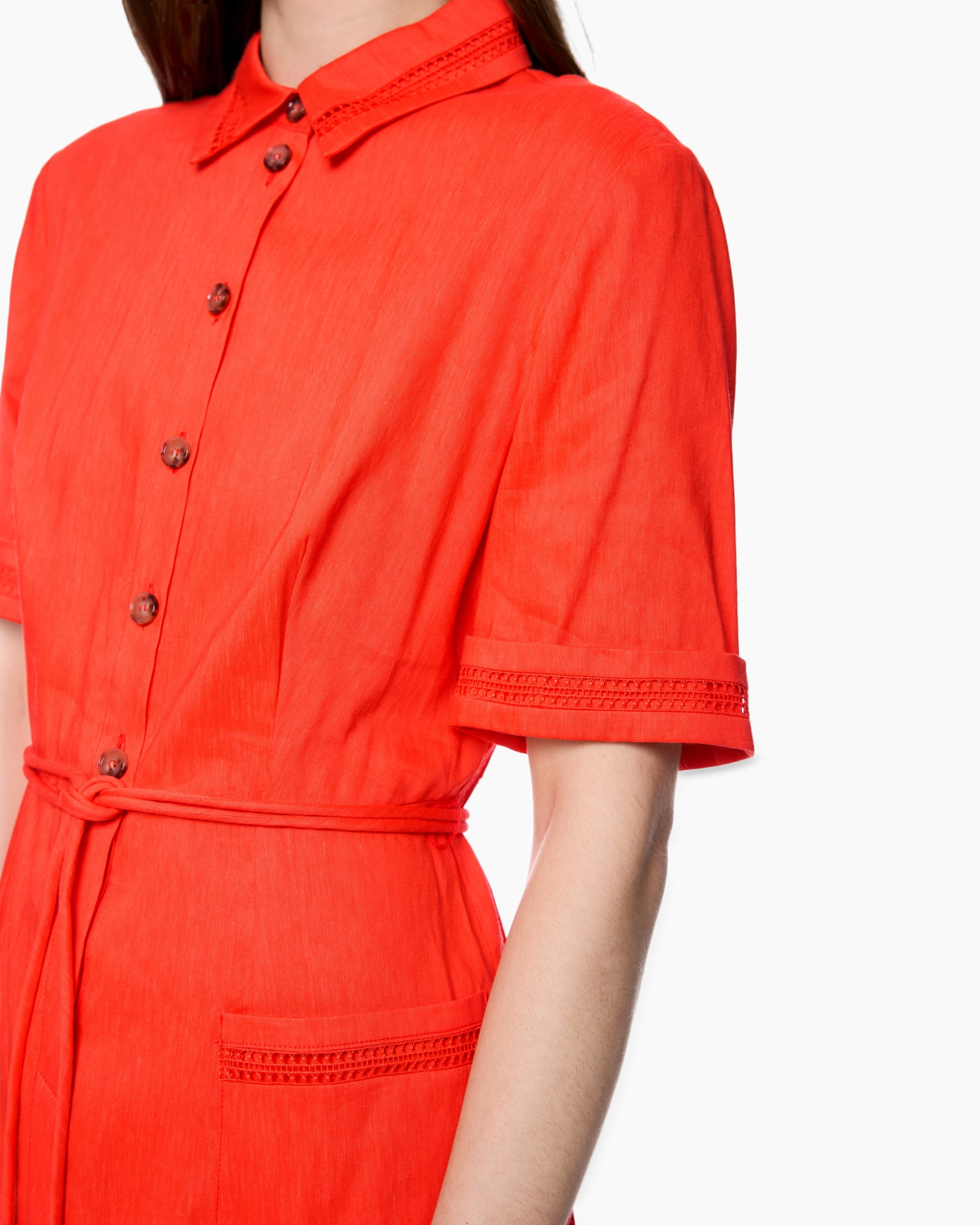 shirt, dress, short-sleeve, belted, red