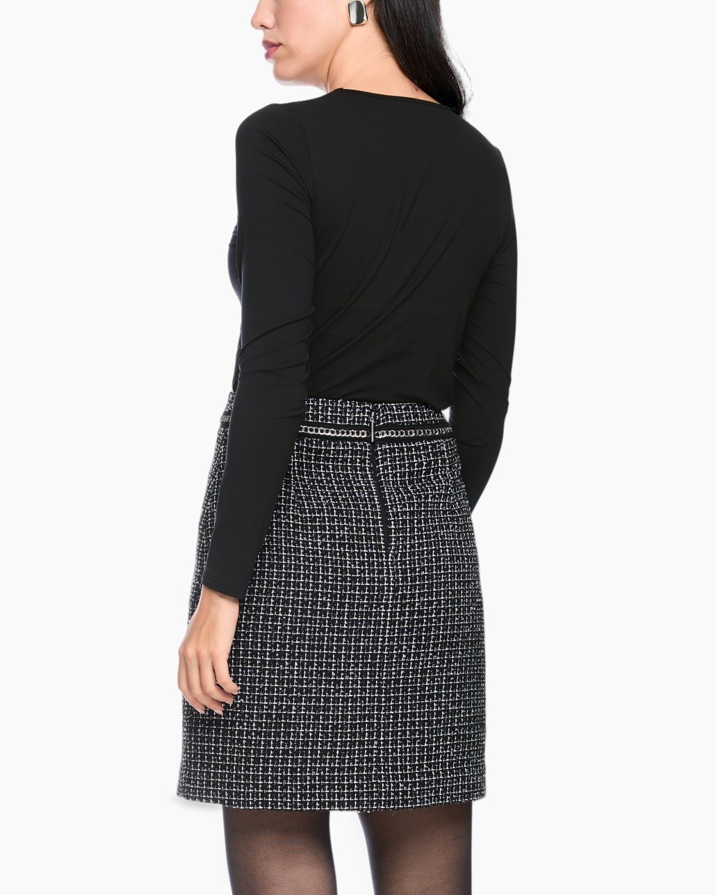 black top, v-neck, ruched detail, tweed skirt, black tights