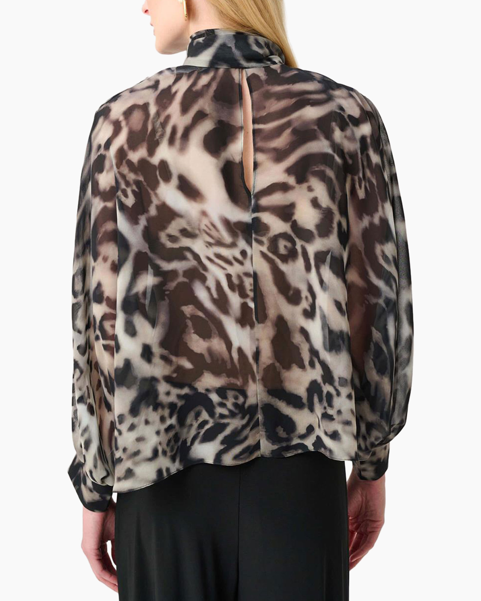 blouse, sheer, leopard print, puff sleeve, tie-neck
