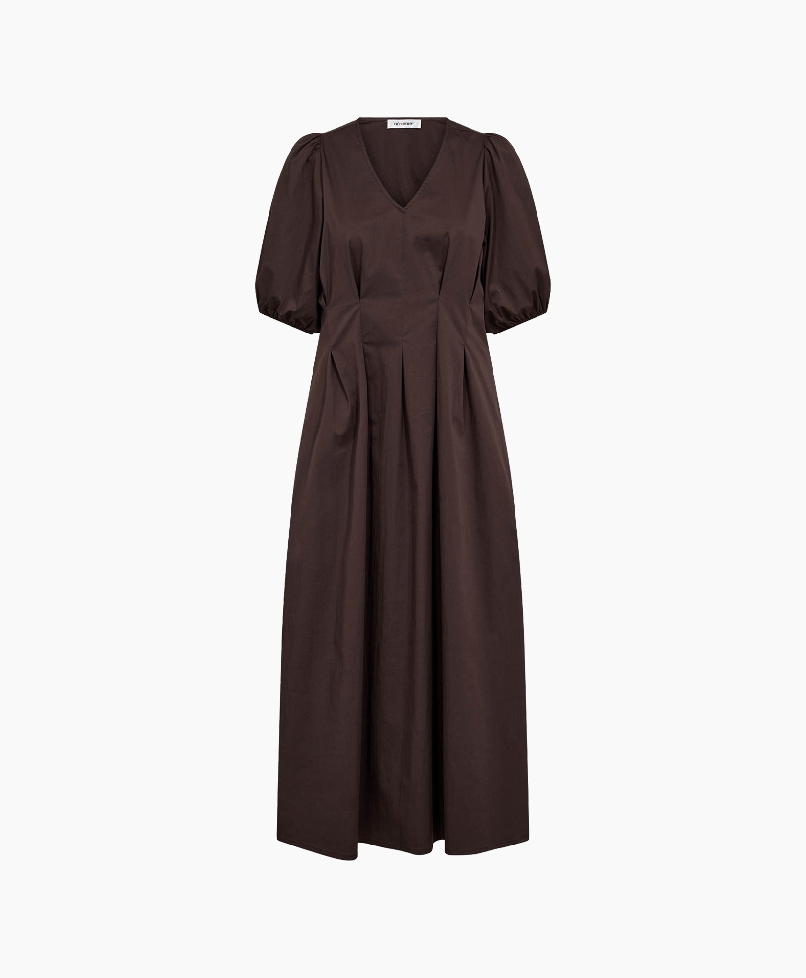 dress, mid-length, brown, puff-sleeve, v-neck