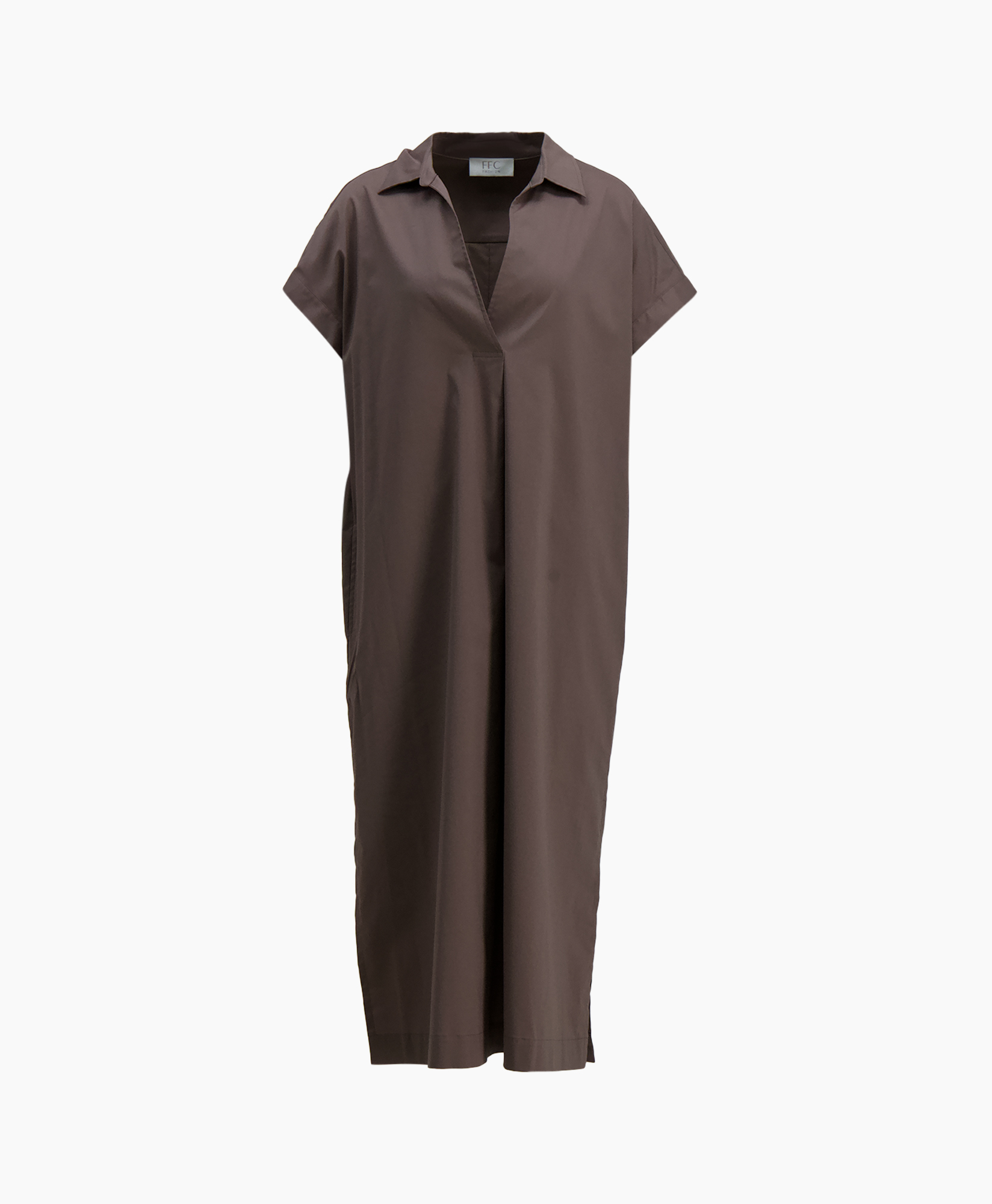 dress, midi, buttonless, short-sleeve, brown
