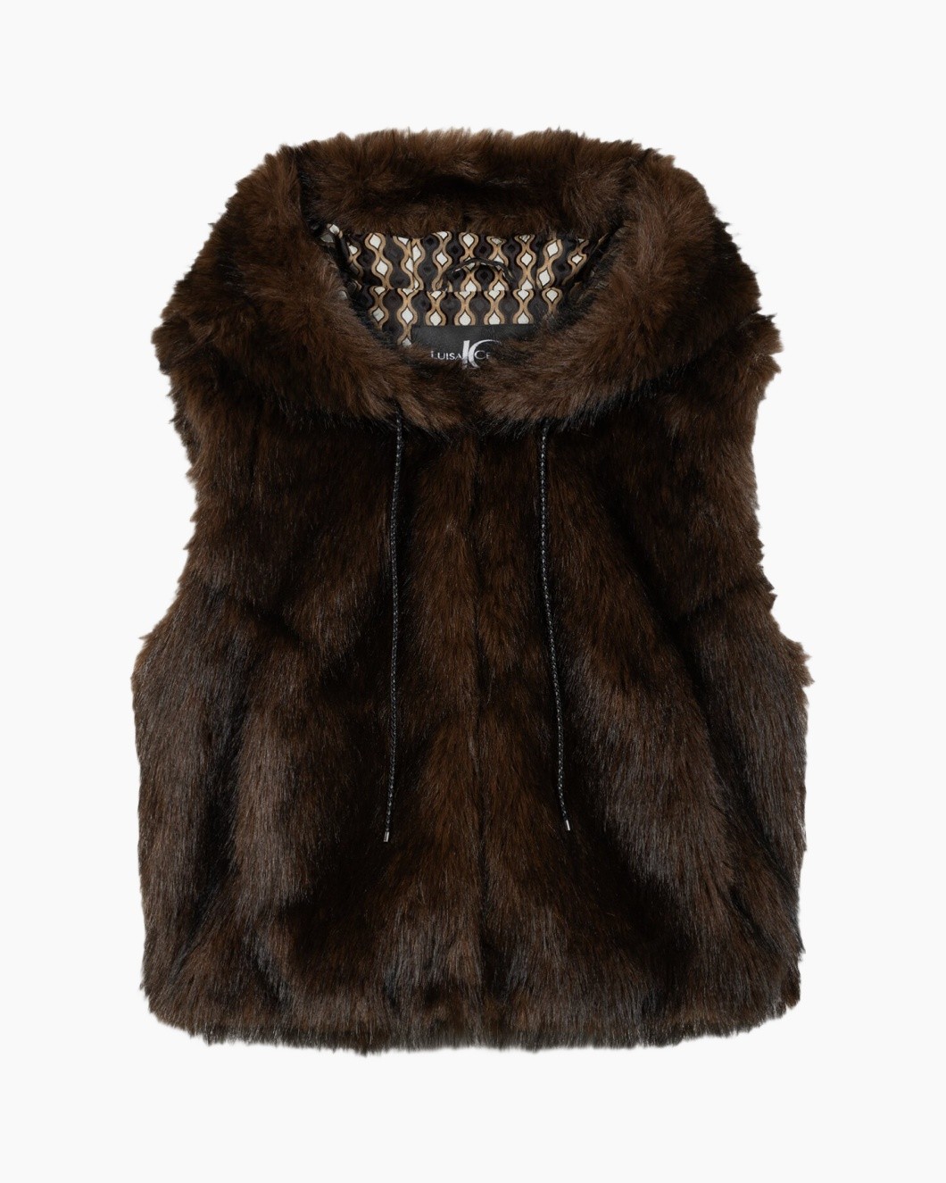 fur vest, brown fur, sleeveless, hooded vest, soft texture