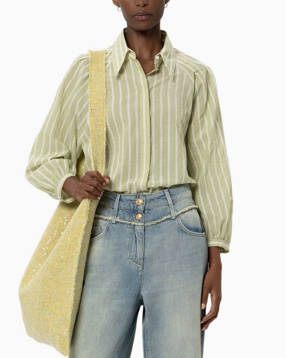linen shirt, striped shirt, light green, puff sleeve, jeans, shoulder bag