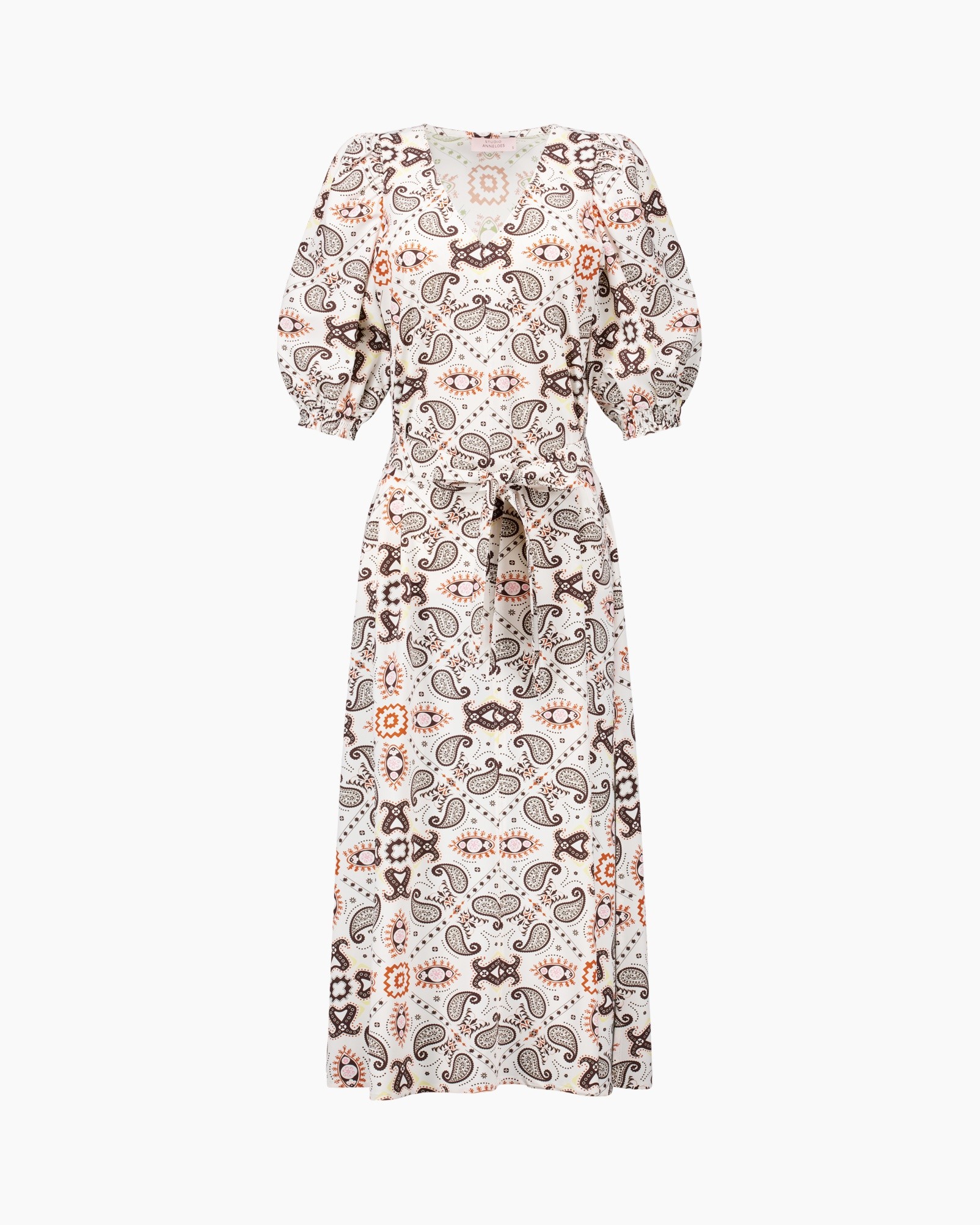 dress, maxi dress, paisley pattern, short puff sleeves, white background