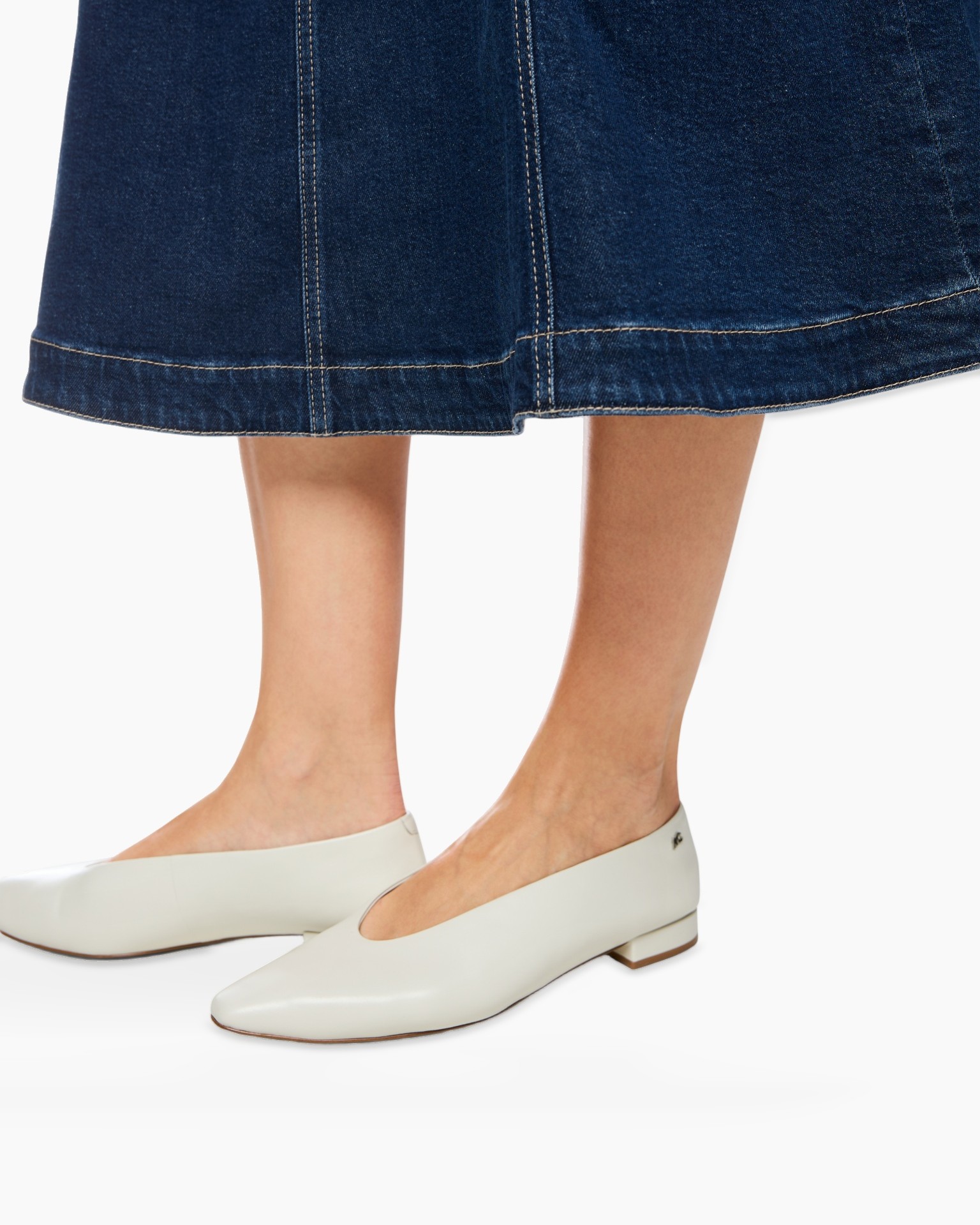 denim, skirt hem, flat shoes, ballet flats, light gray
