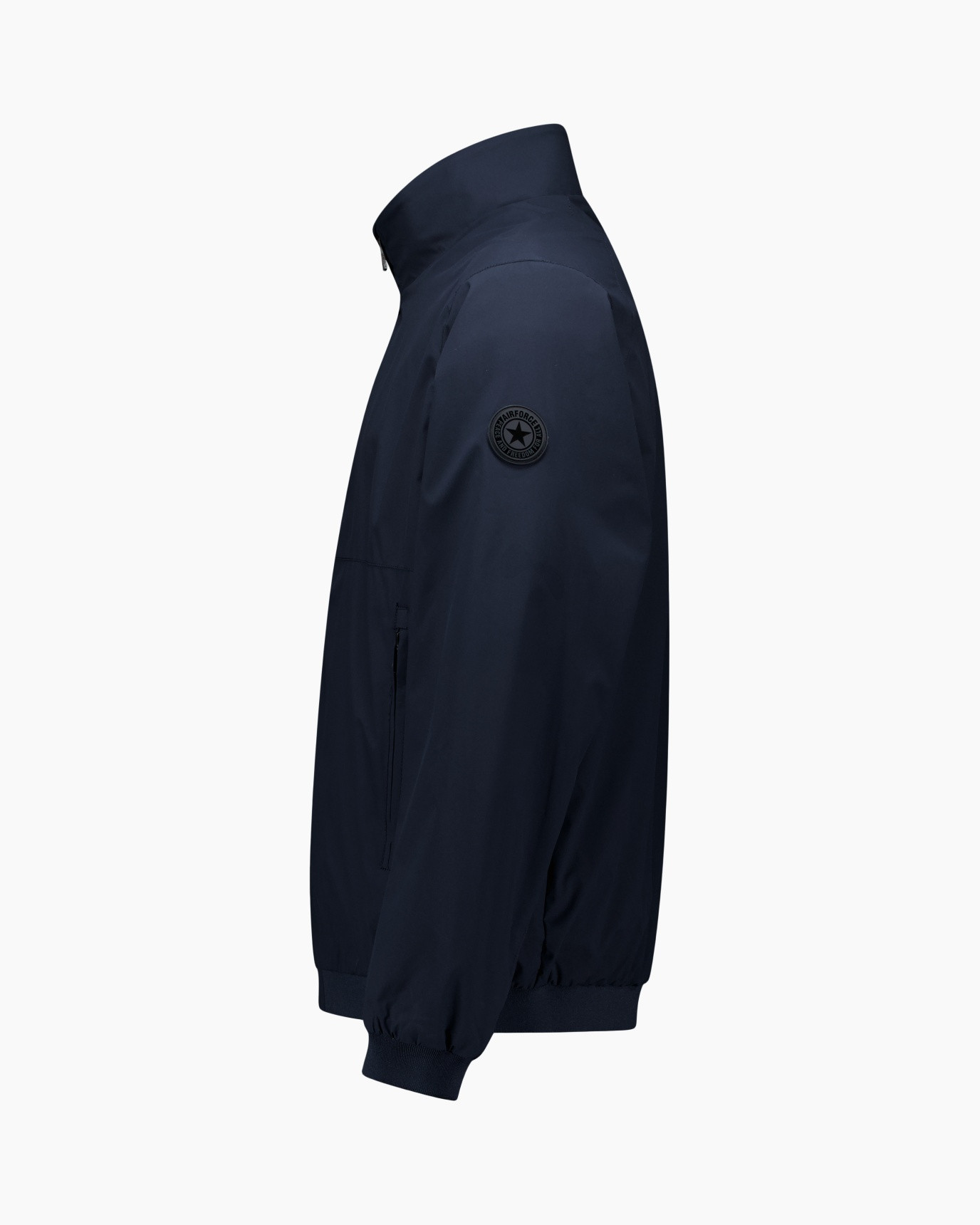navy jacket, windbreaker, bomber silhouette, zippered pocket, logo patch