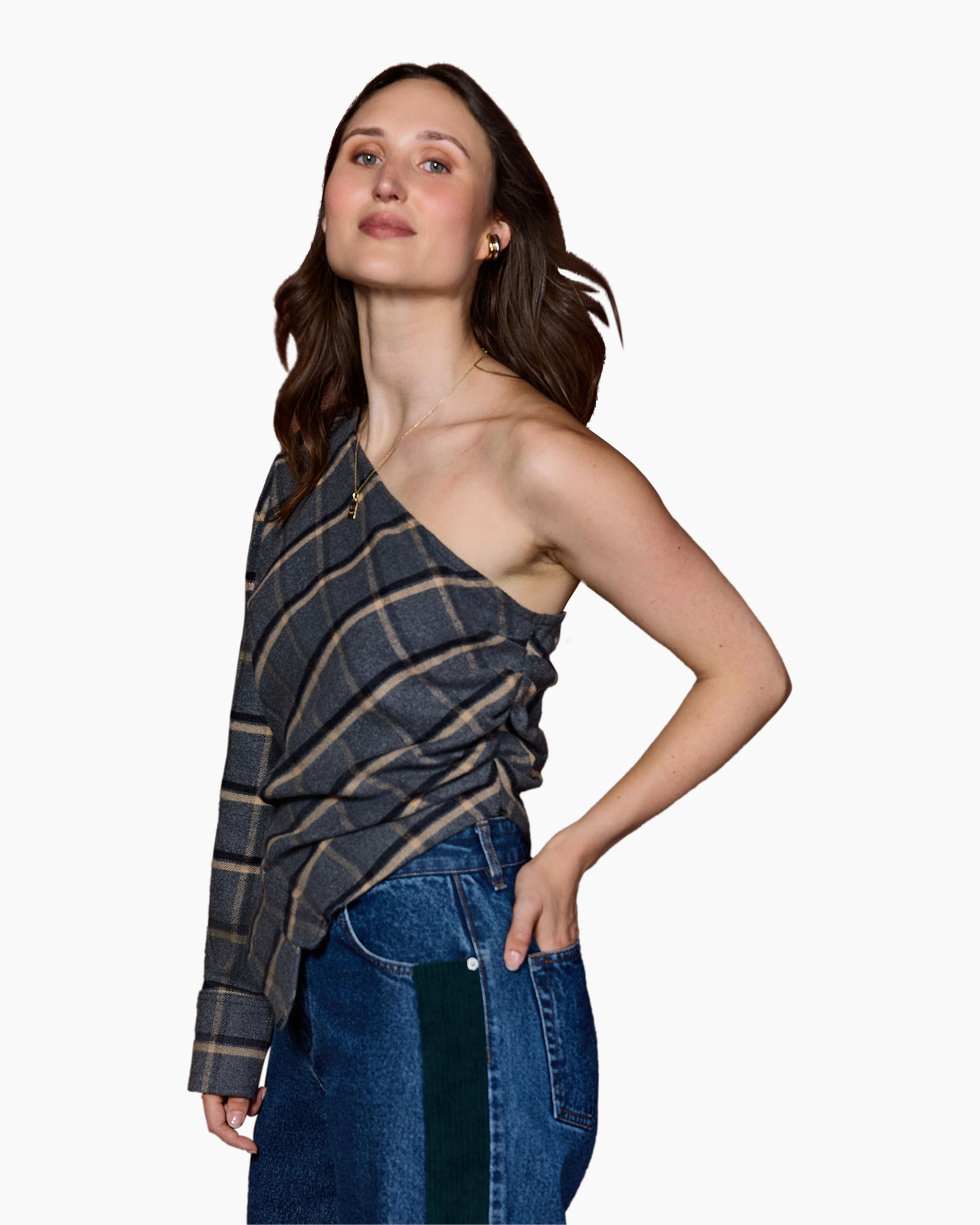 one-shoulder, plaid, top, knit, jeans
