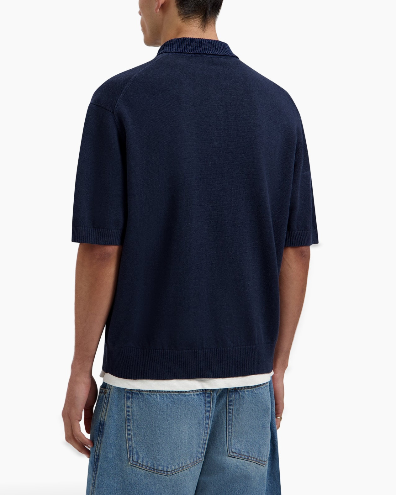 navy cardigan, half-sleeve, button-up, polyester blend, polo knit