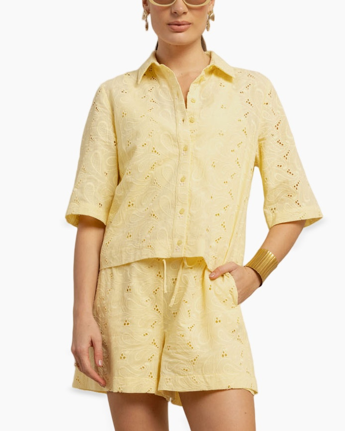 shirt, shorts, lace, yellow, collared