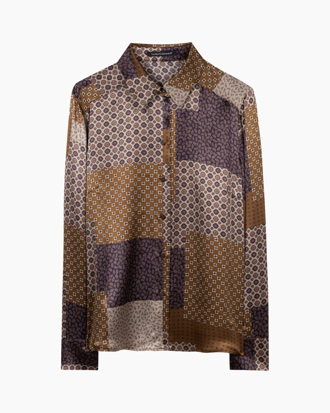 blouse, button-down, patchwork, patterned, long-sleeve