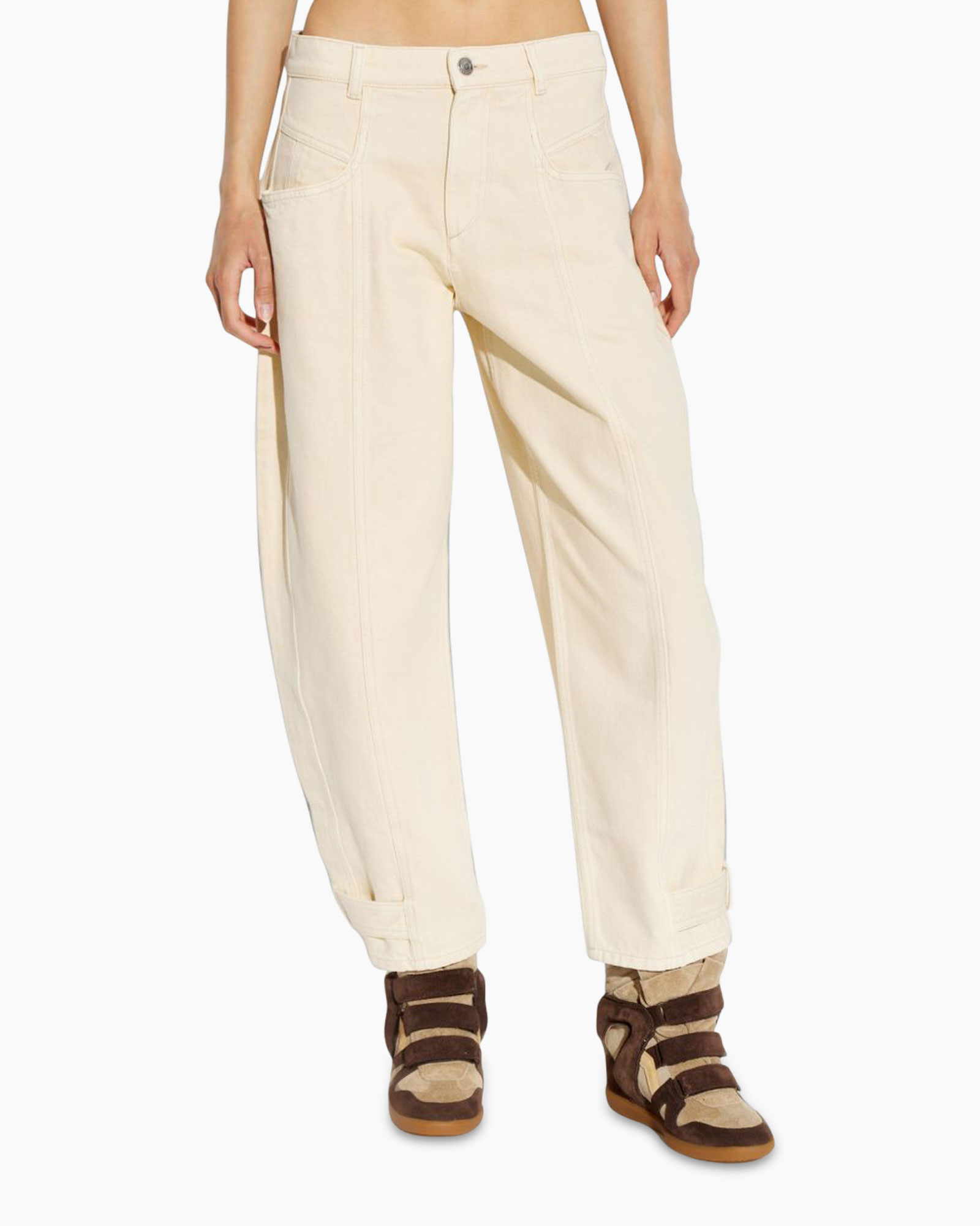 beige pants, wide leg, denim-like, front pockets, ankle cuffs